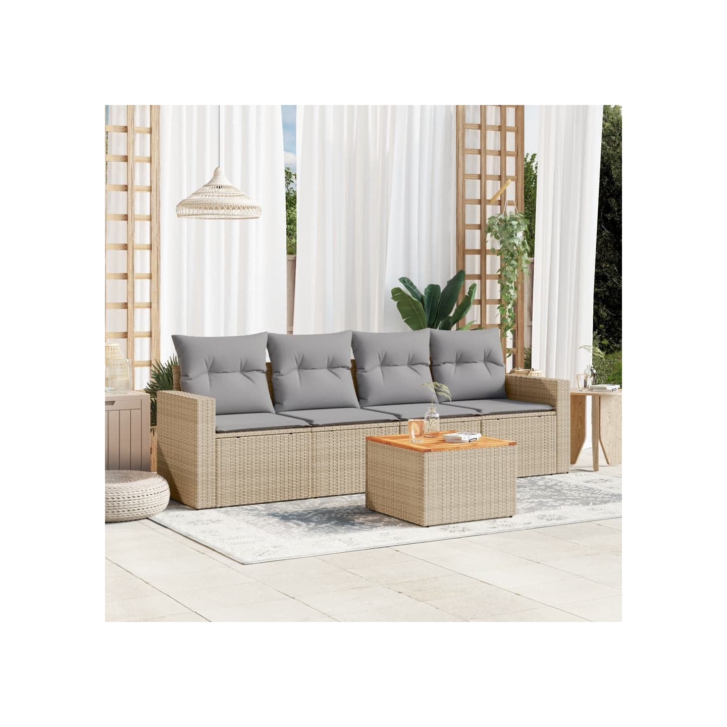 Salon de jardin avec coussins 5 pcs beige résine tressée
