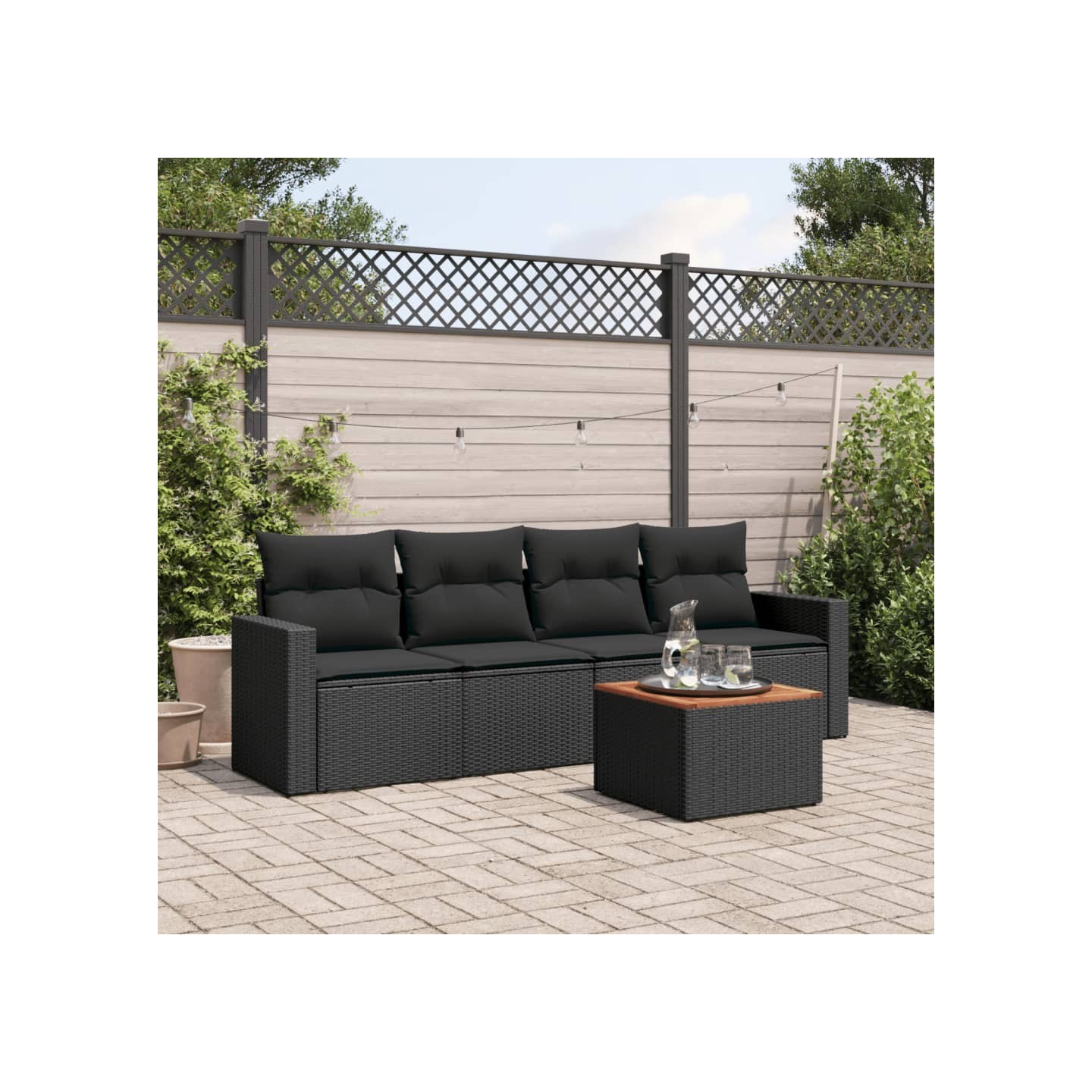 Salon de jardin 5 pcs avec coussins noir résine tressée