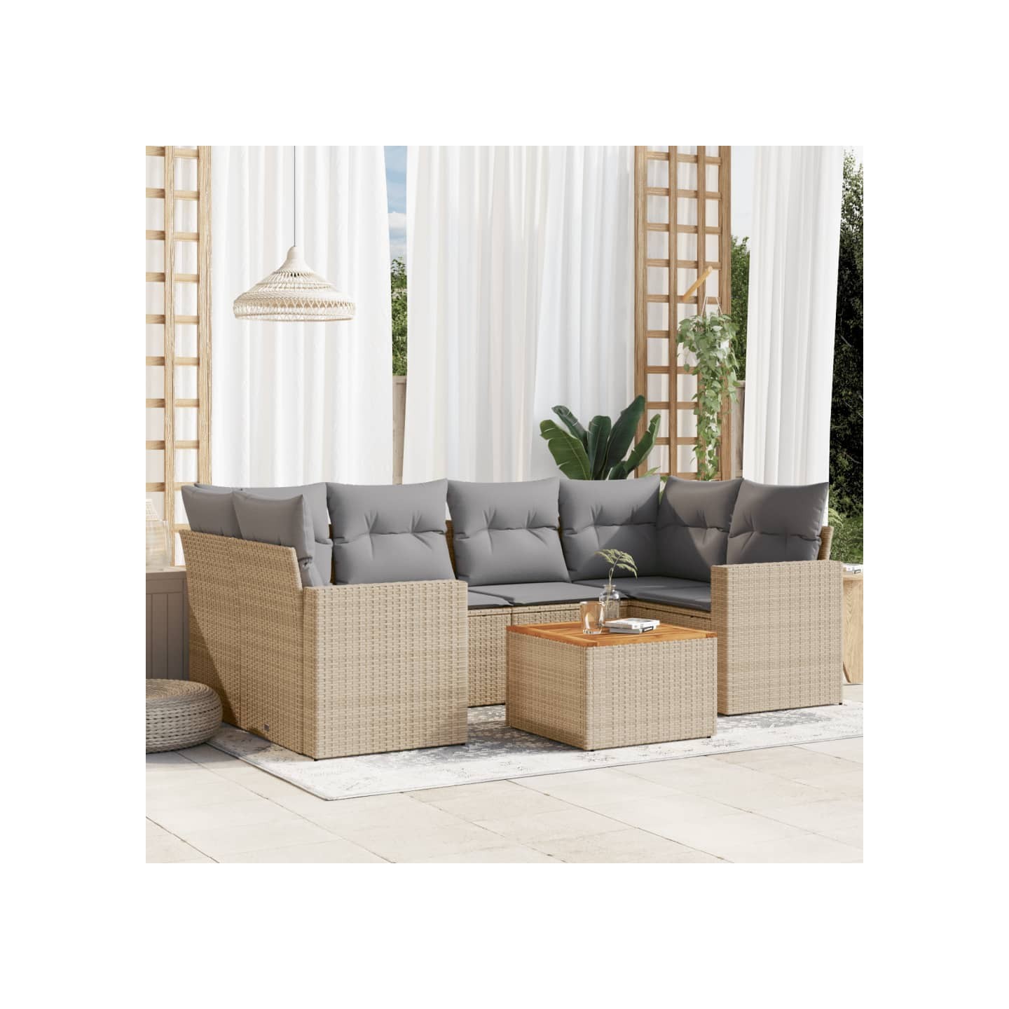 Salon de jardin avec coussins 7 pcs beige résine tressée