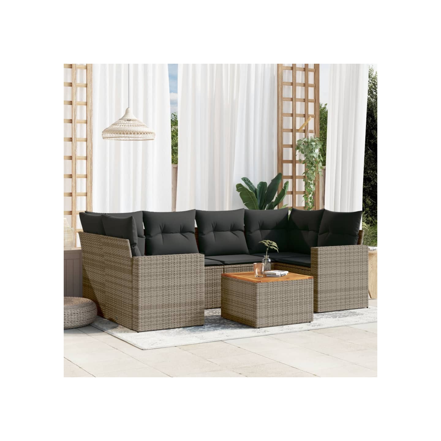 Salon de jardin avec coussins 7 pcs gris résine tressée