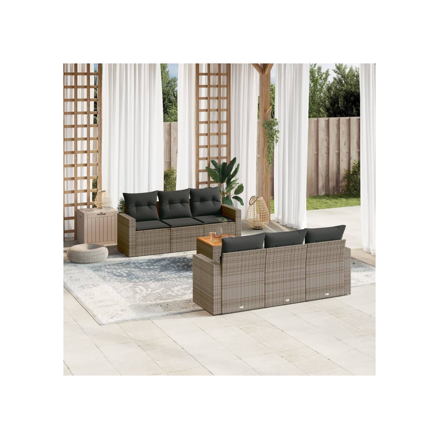 Salon de jardin avec coussins 7 pcs gris résine tressée