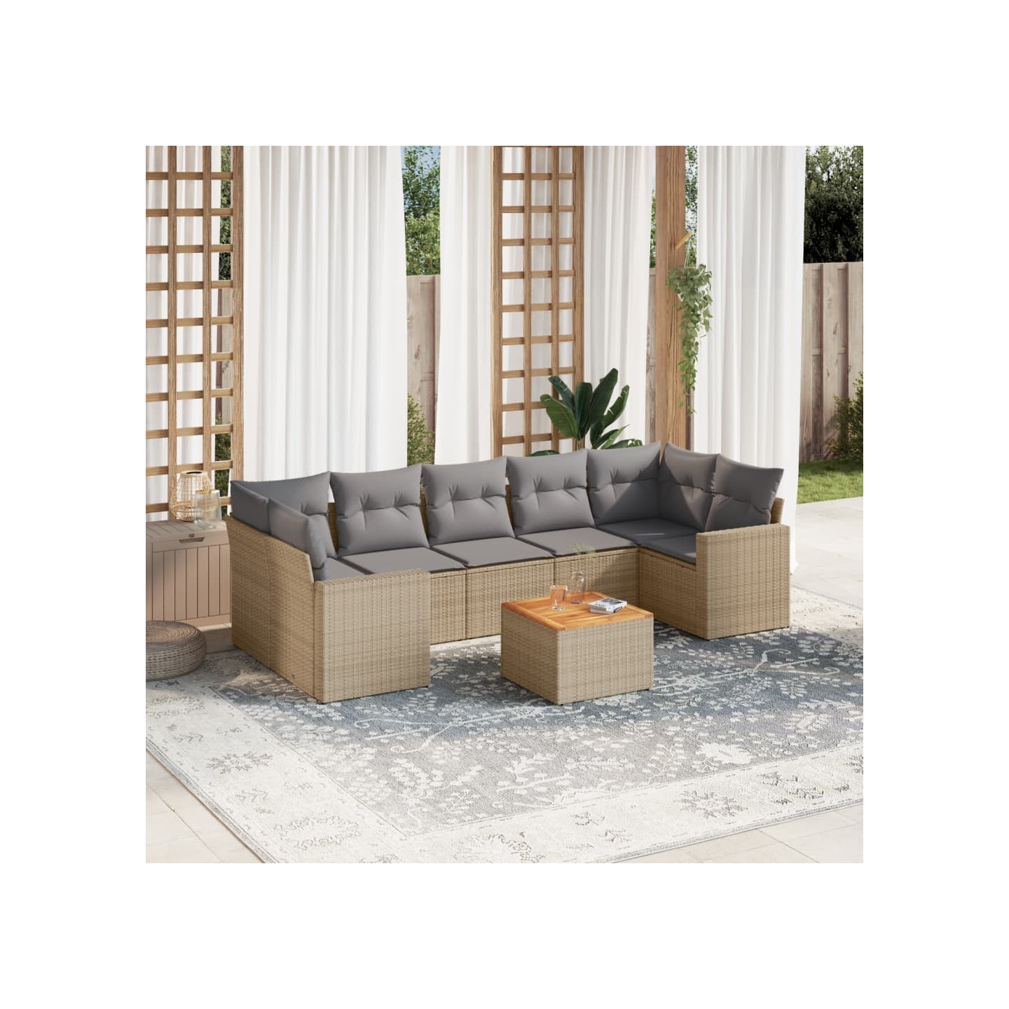 Salon de jardin avec coussins 8 pcs beige résine tressée
