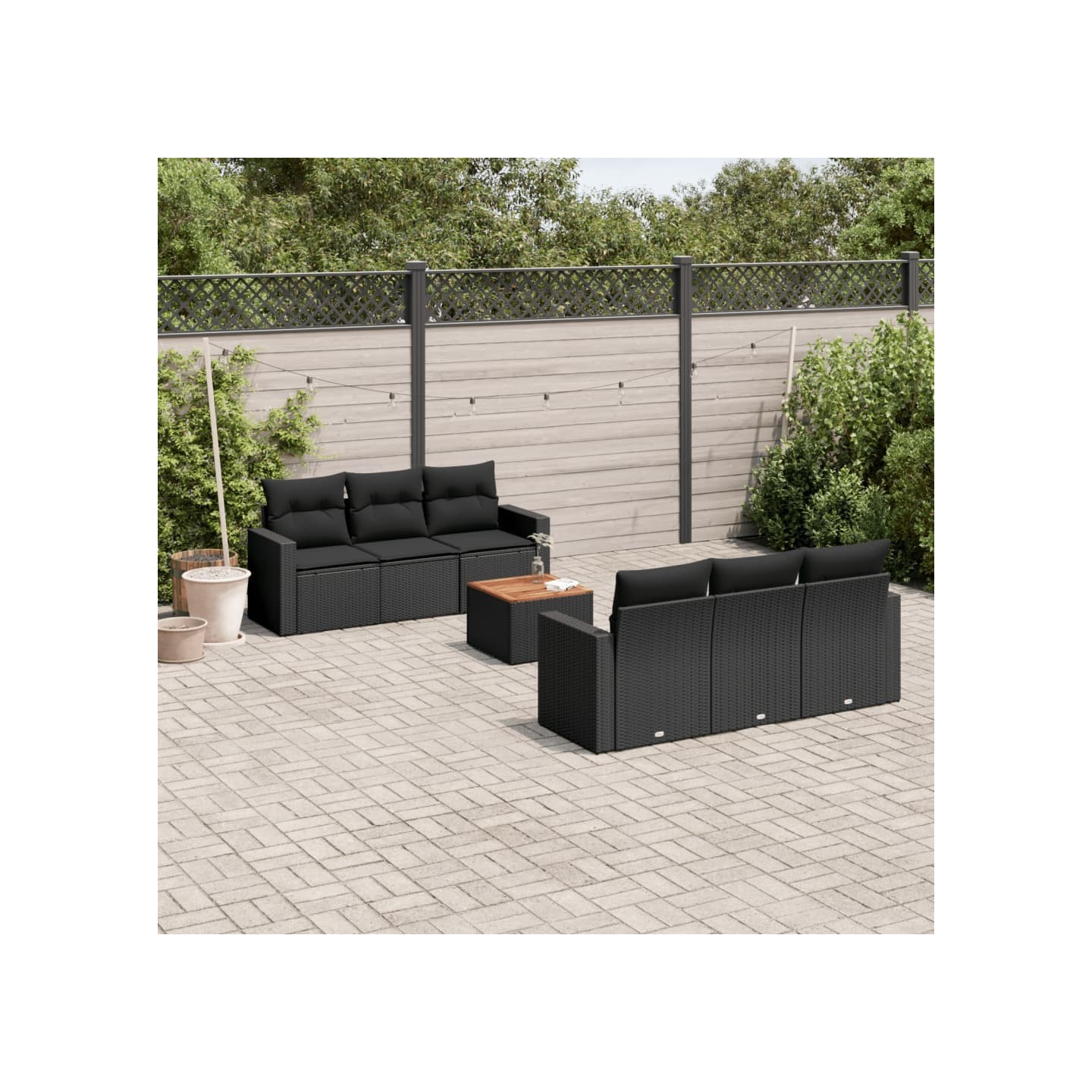 Salon de jardin 7 pcs avec coussins noir résine tressée