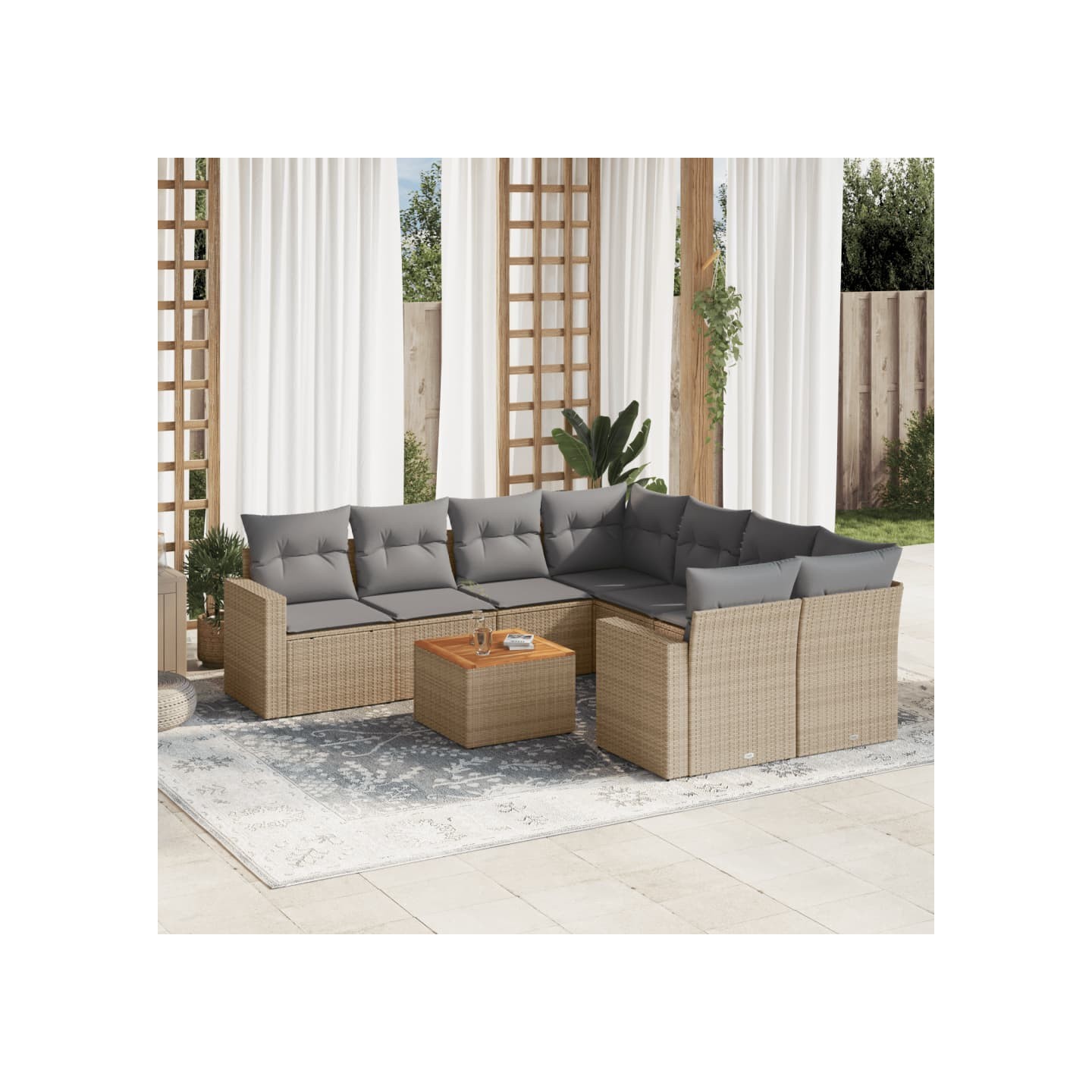 Salon de jardin avec coussins 9 pcs beige résine tressée