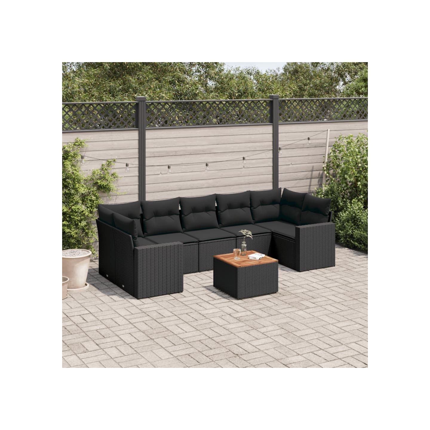 Salon de jardin 8 pcs avec coussins noir résine tressée