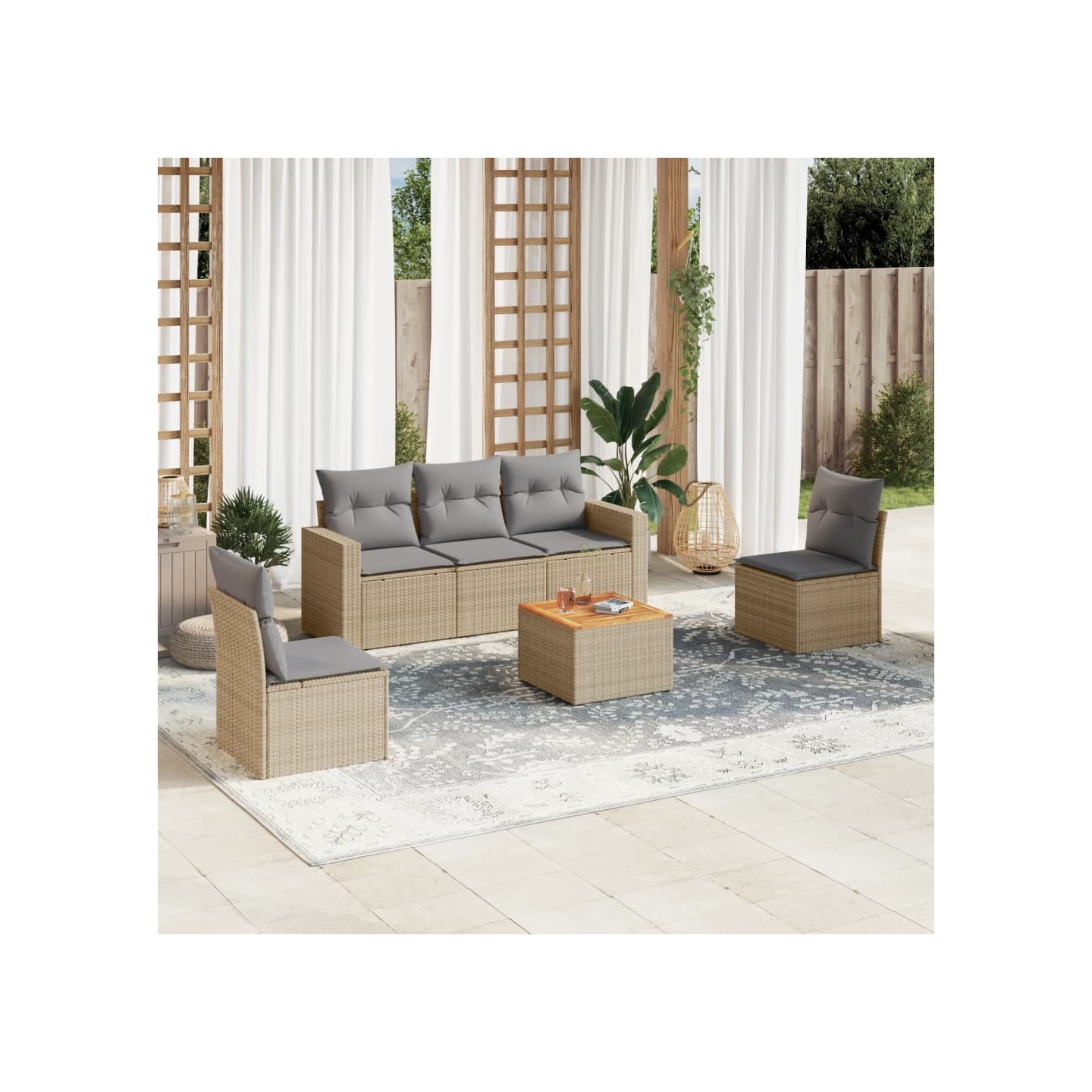 Salon de jardin avec coussins 6 pcs beige résine tressée