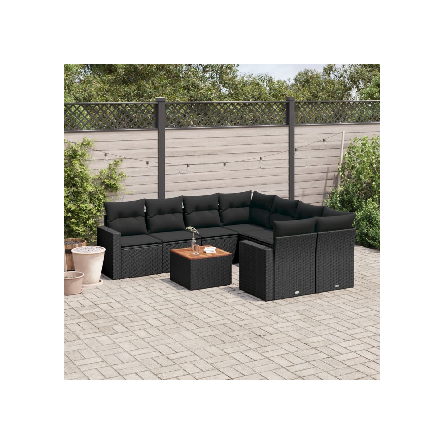 Salon de jardin 9 pcs avec coussins noir résine tressée