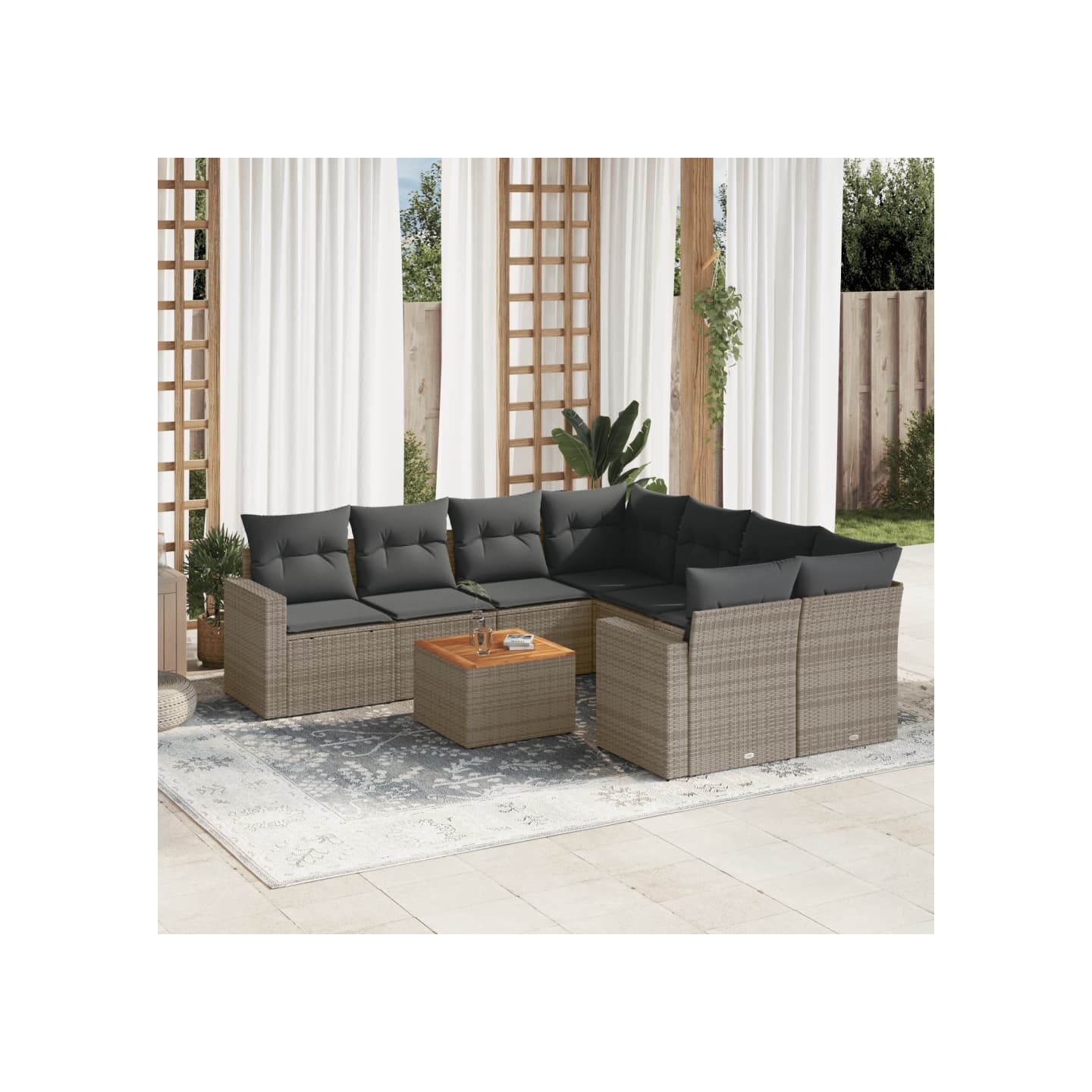 Salon de jardin 9 pcs avec coussins gris résine tressée