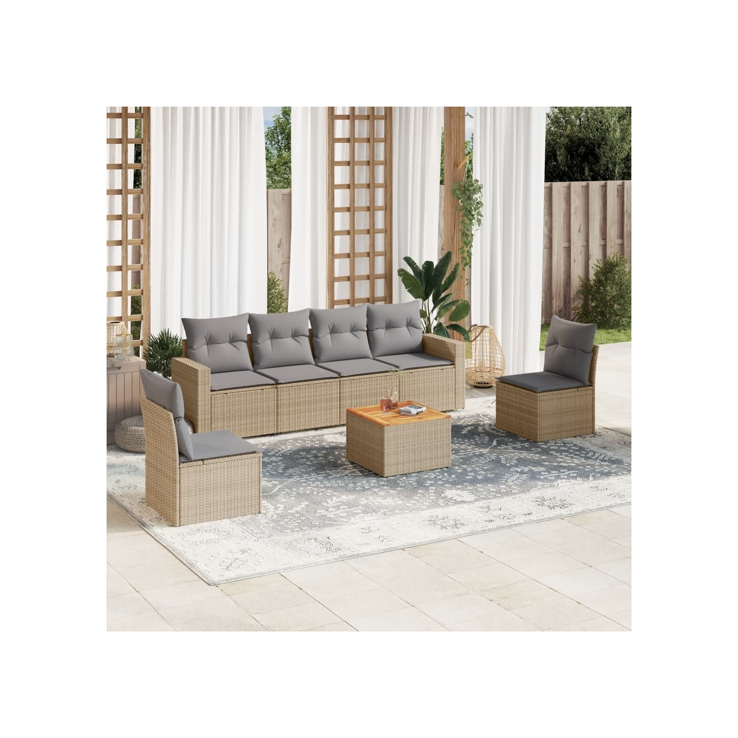 Salon de jardin avec coussins 7 pcs beige résine tressée