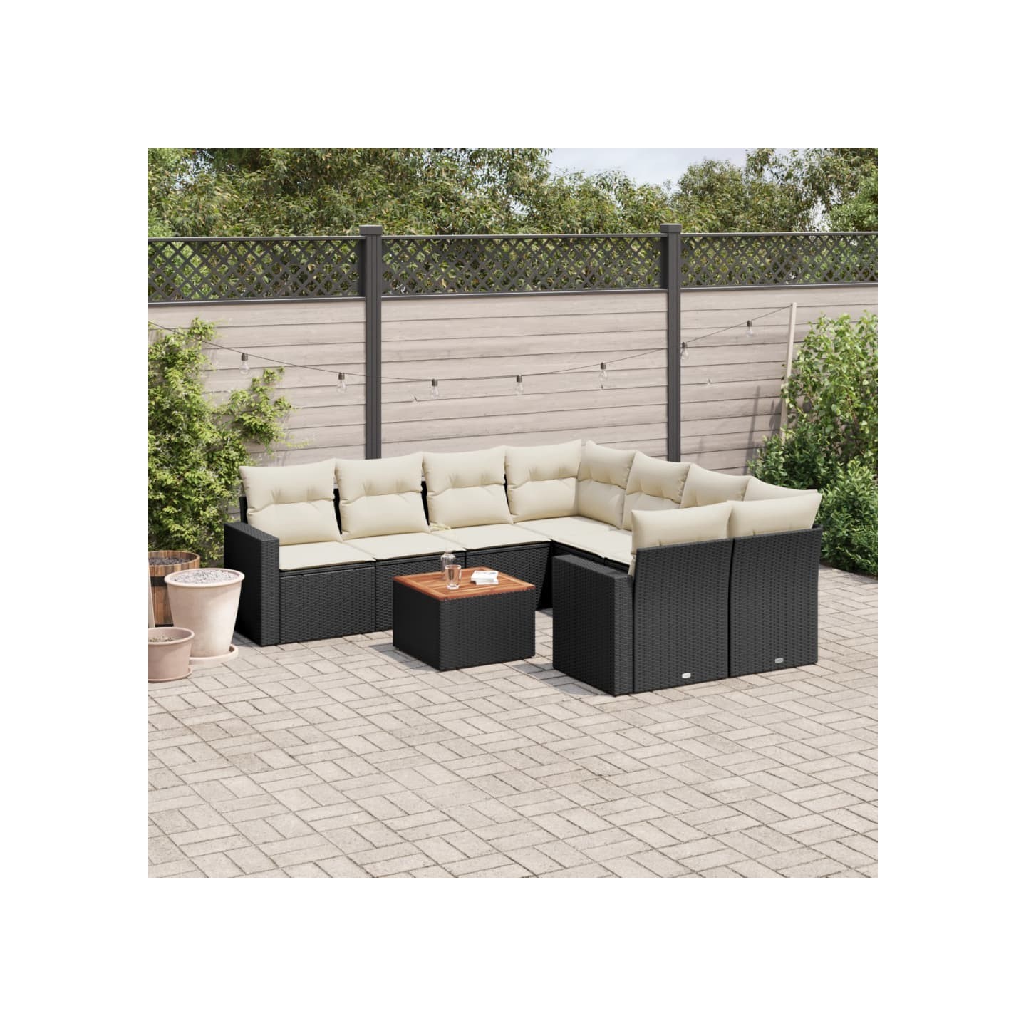 Salon de jardin 9 pcs avec coussins noir résine tressée