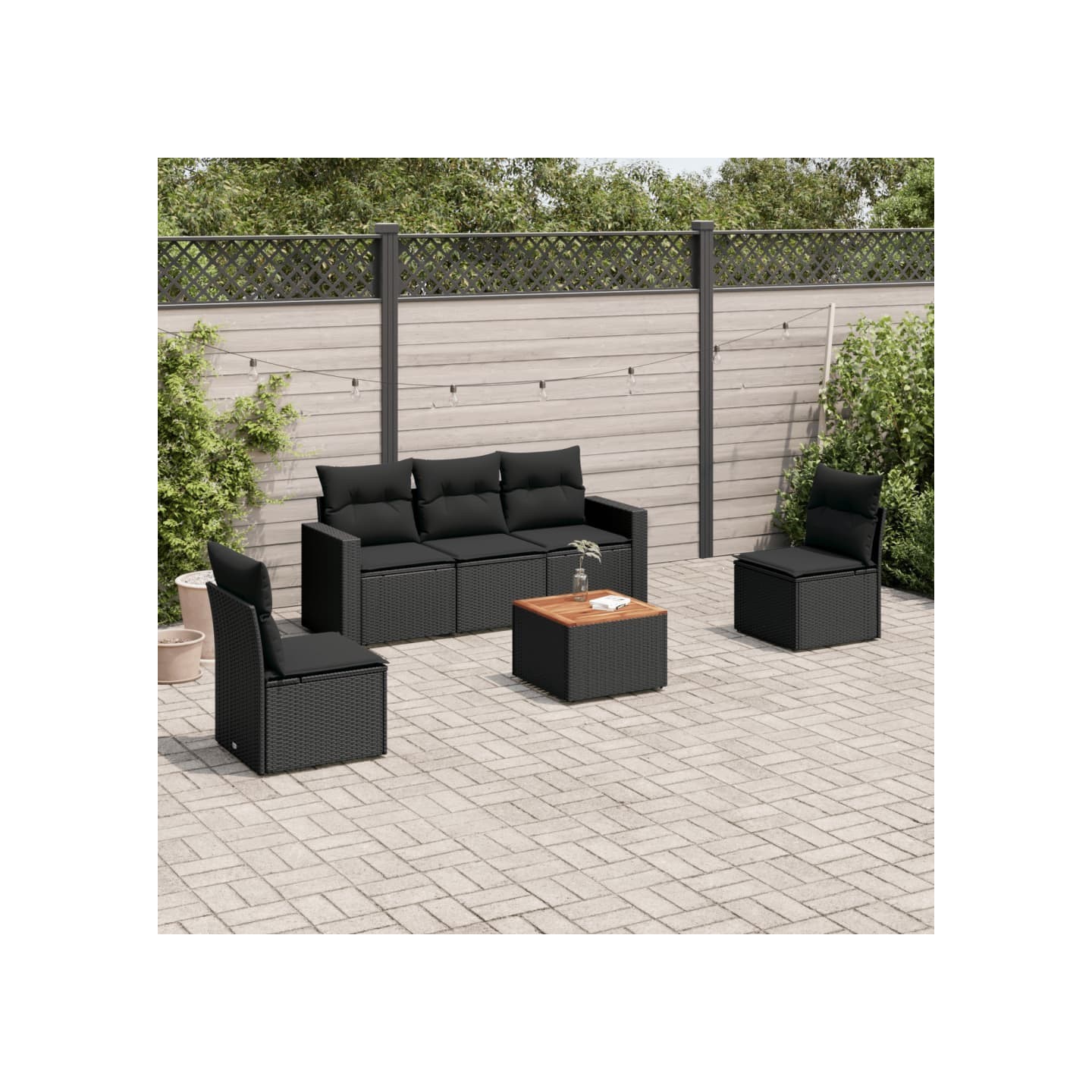 Salon de jardin 6 pcs avec coussins noir résine tressée