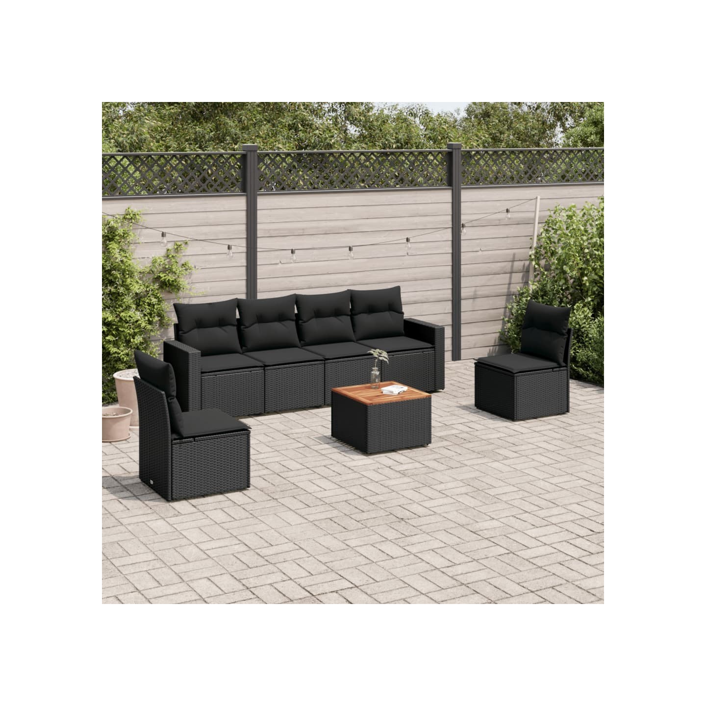 Salon de jardin 7 pcs avec coussins noir résine tressée