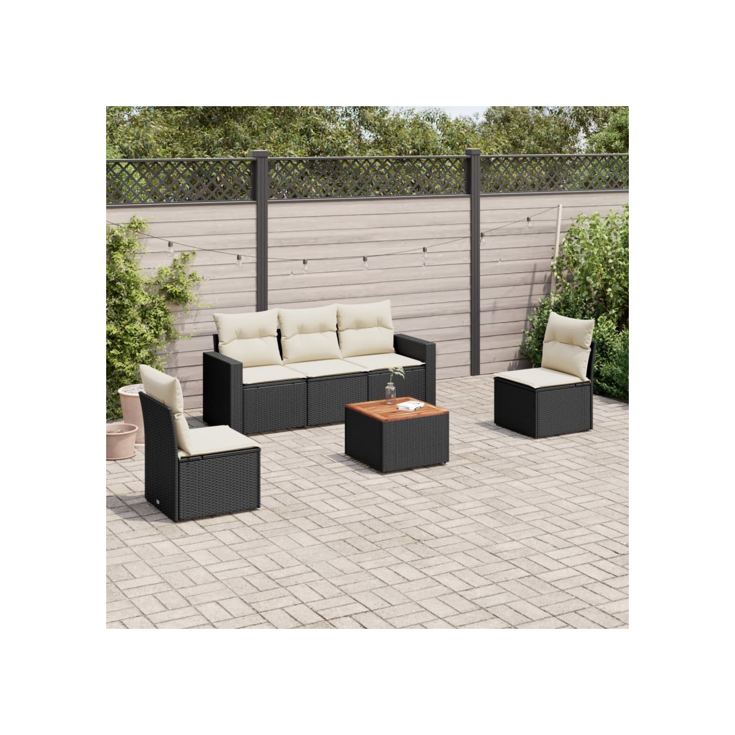 Salon de jardin 6 pcs avec coussins noir résine tressée