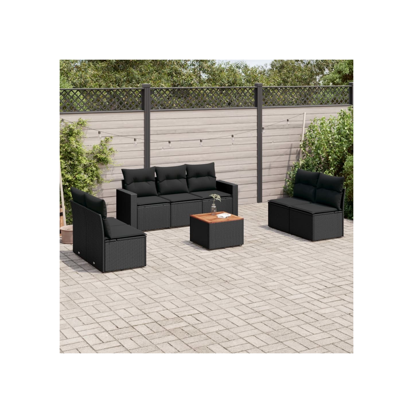 Salon de jardin 8 pcs avec coussins noir résine tressée
