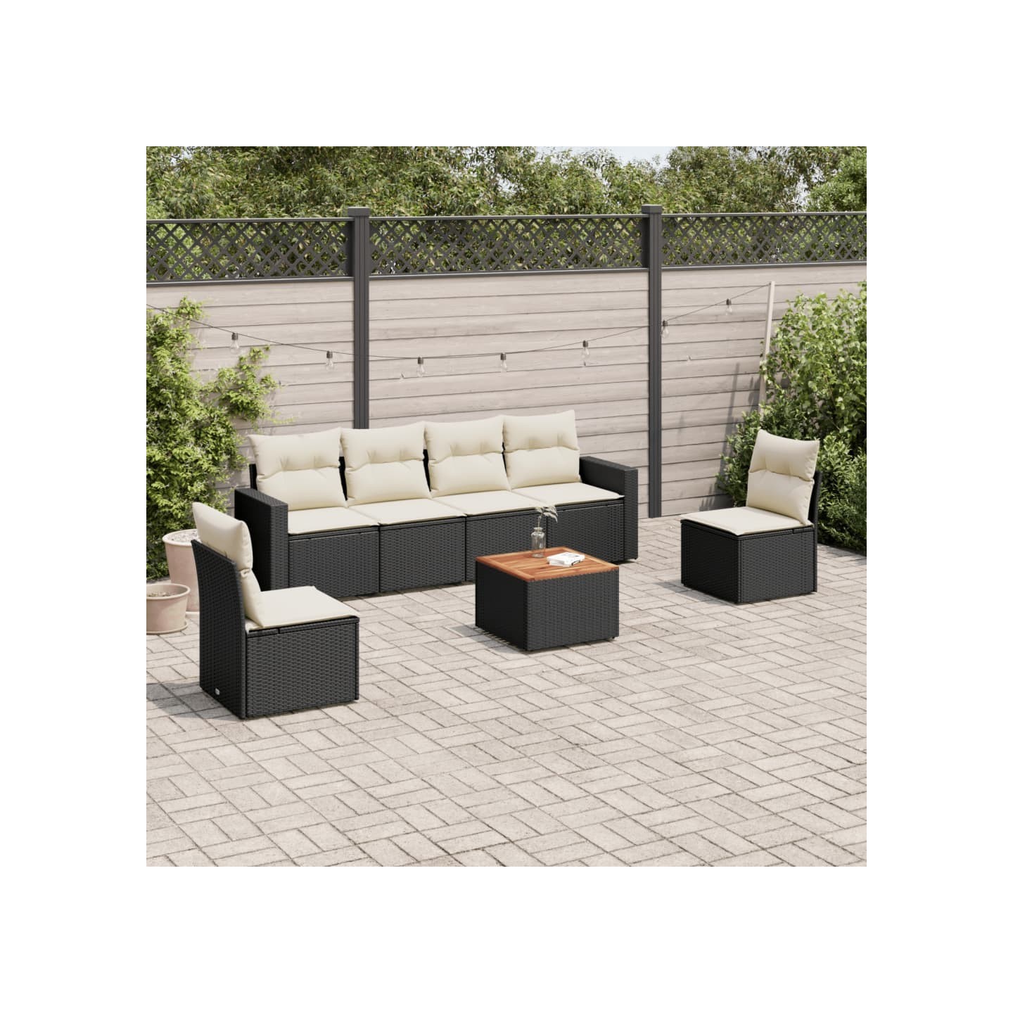 Salon de jardin 7 pcs avec coussins noir résine tressée