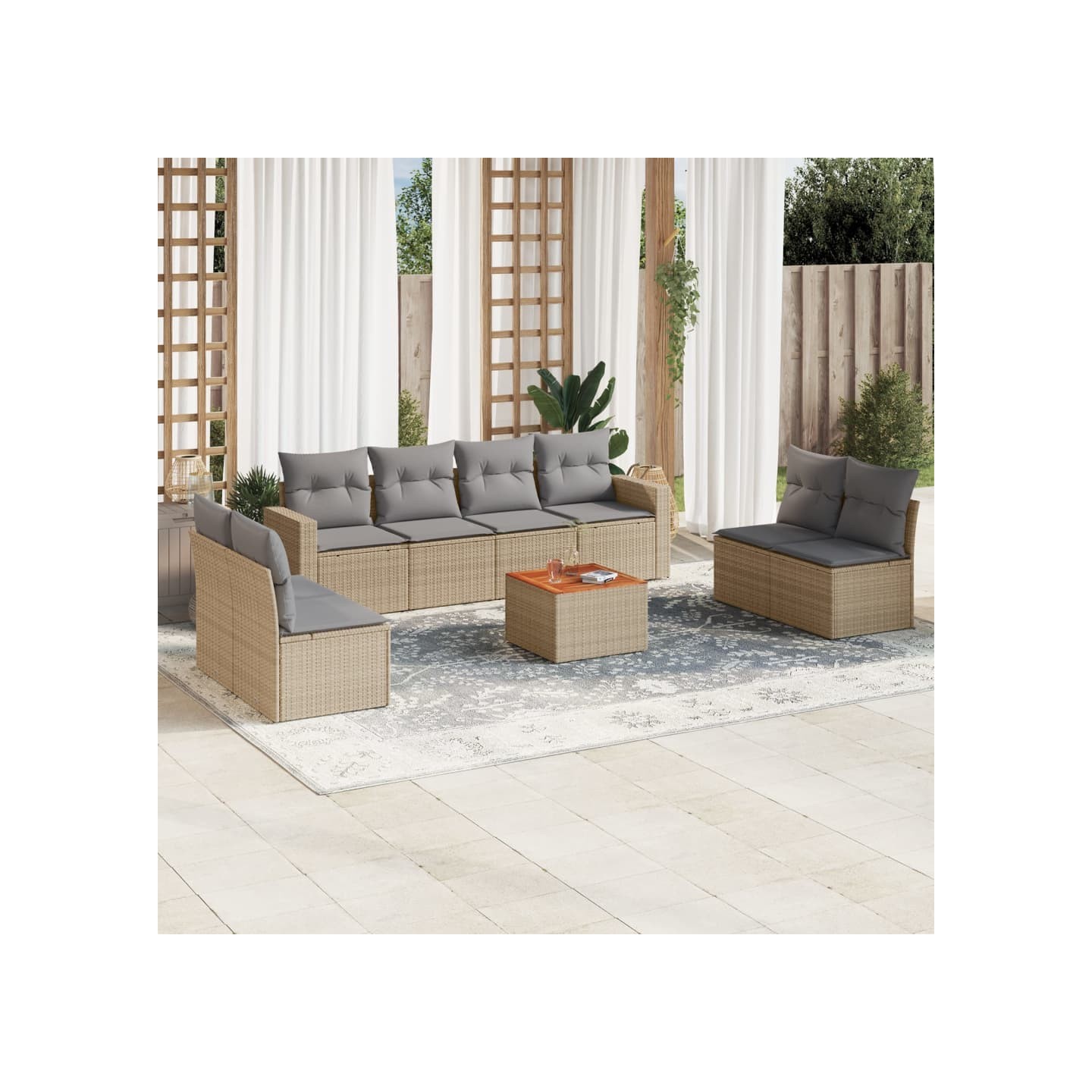 Salon de jardin avec coussins 9 pcs beige résine tressée