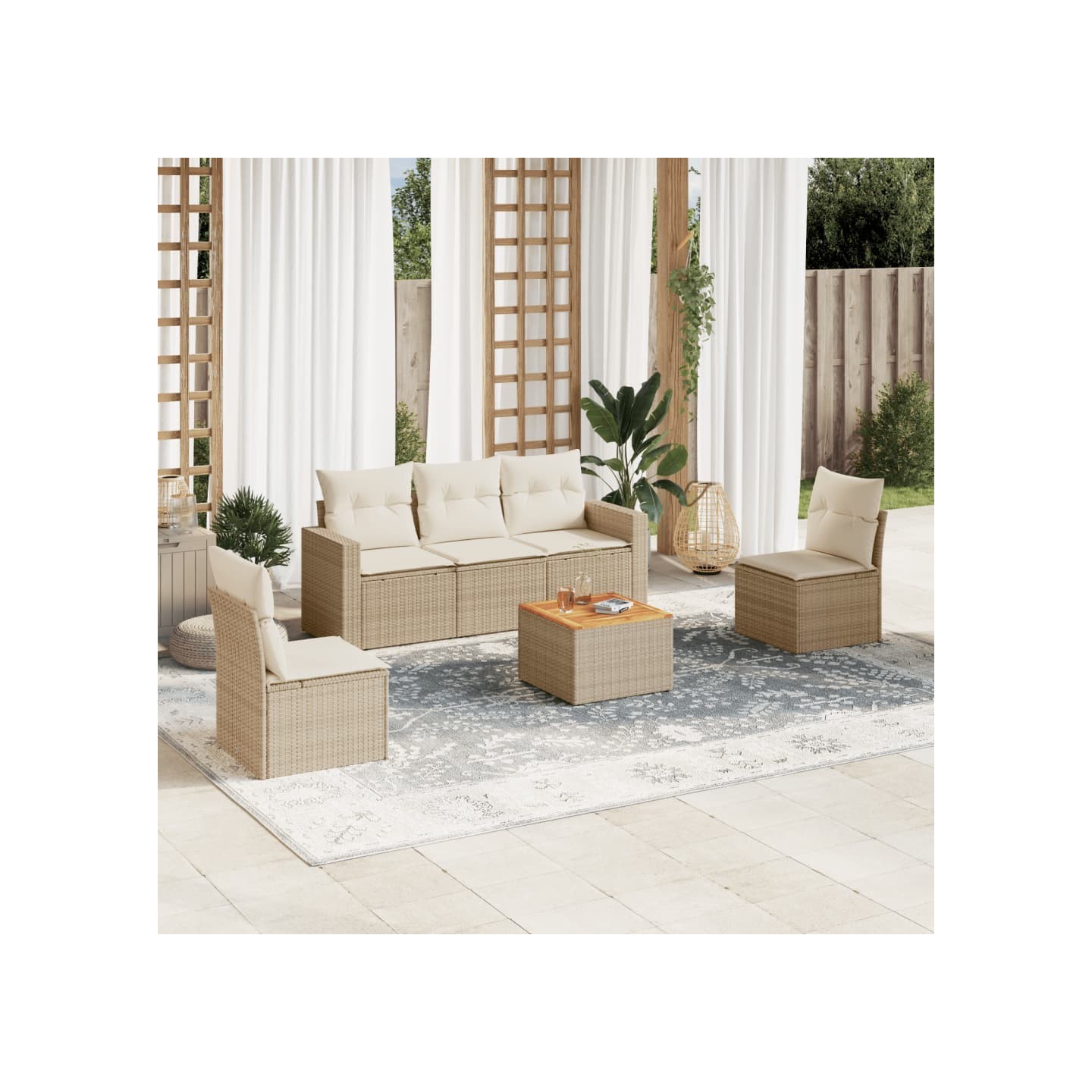 Salon de jardin avec coussins 6 pcs beige résine tressée