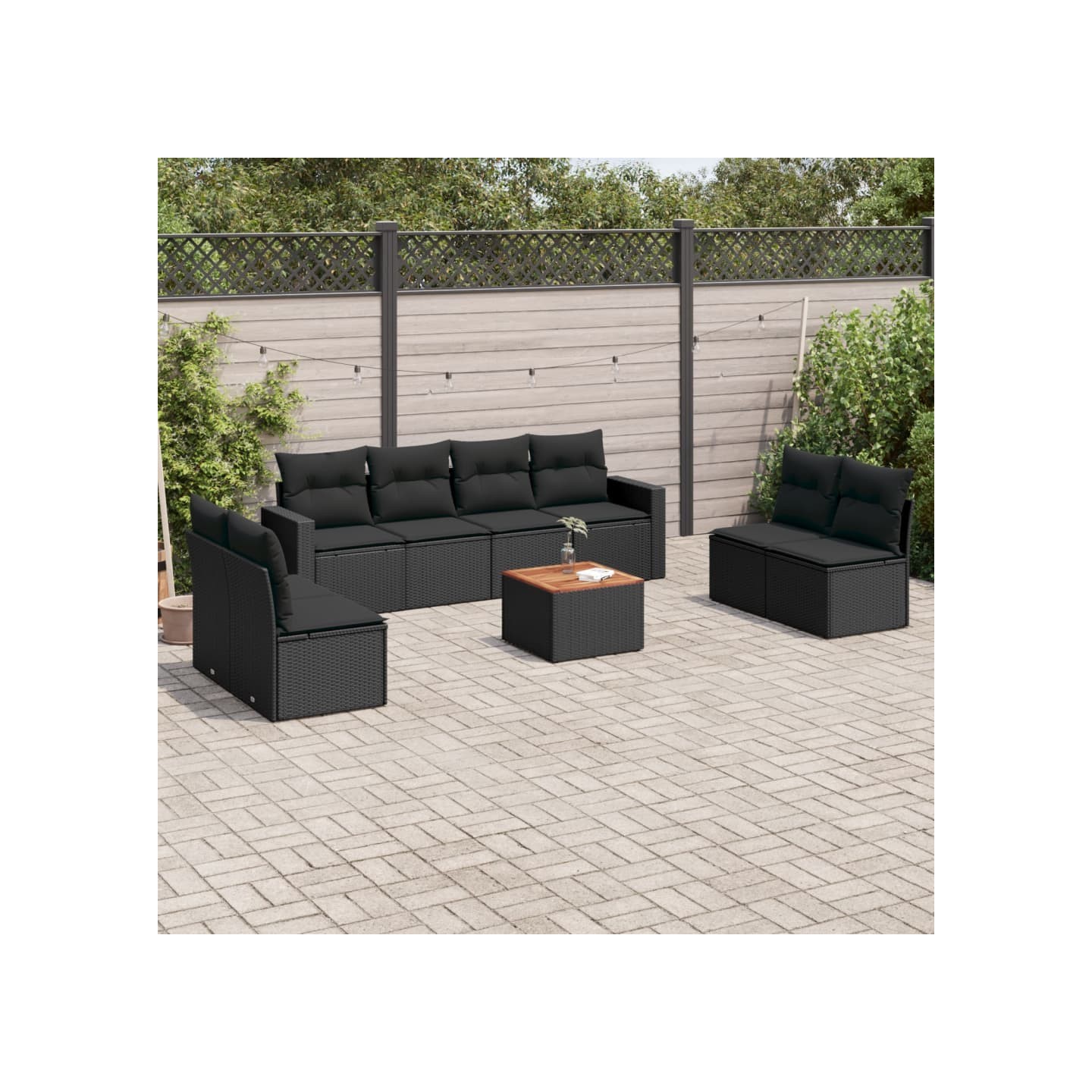 Salon de jardin 9 pcs avec coussins noir résine tressée