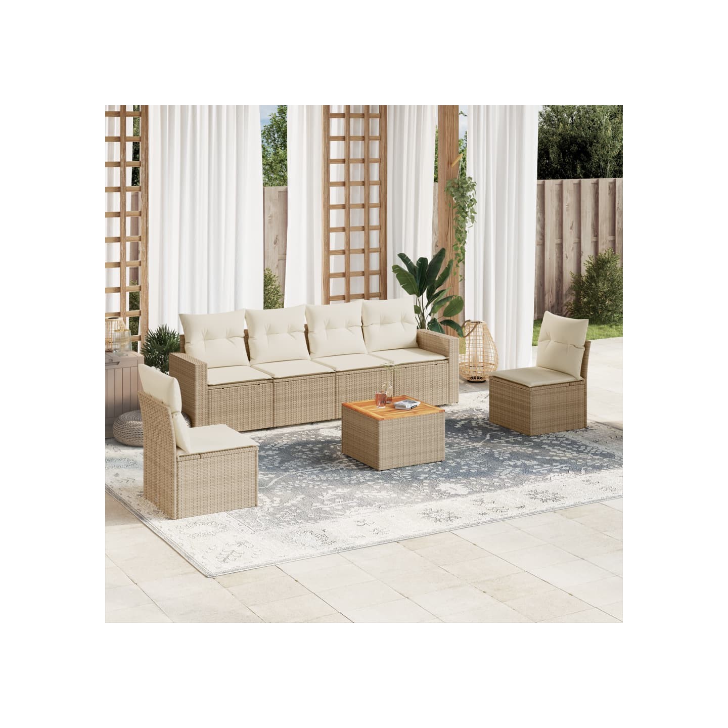 Salon de jardin avec coussins 7 pcs beige résine tressée