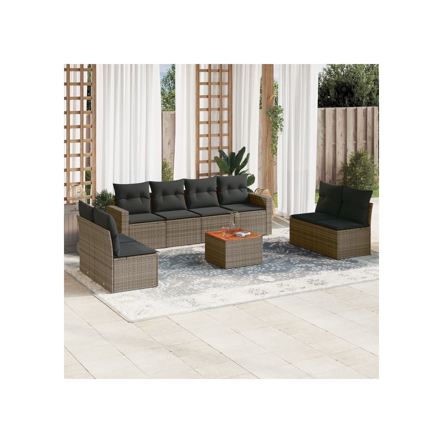 Salon de jardin 9 pcs avec coussins gris résine tressée