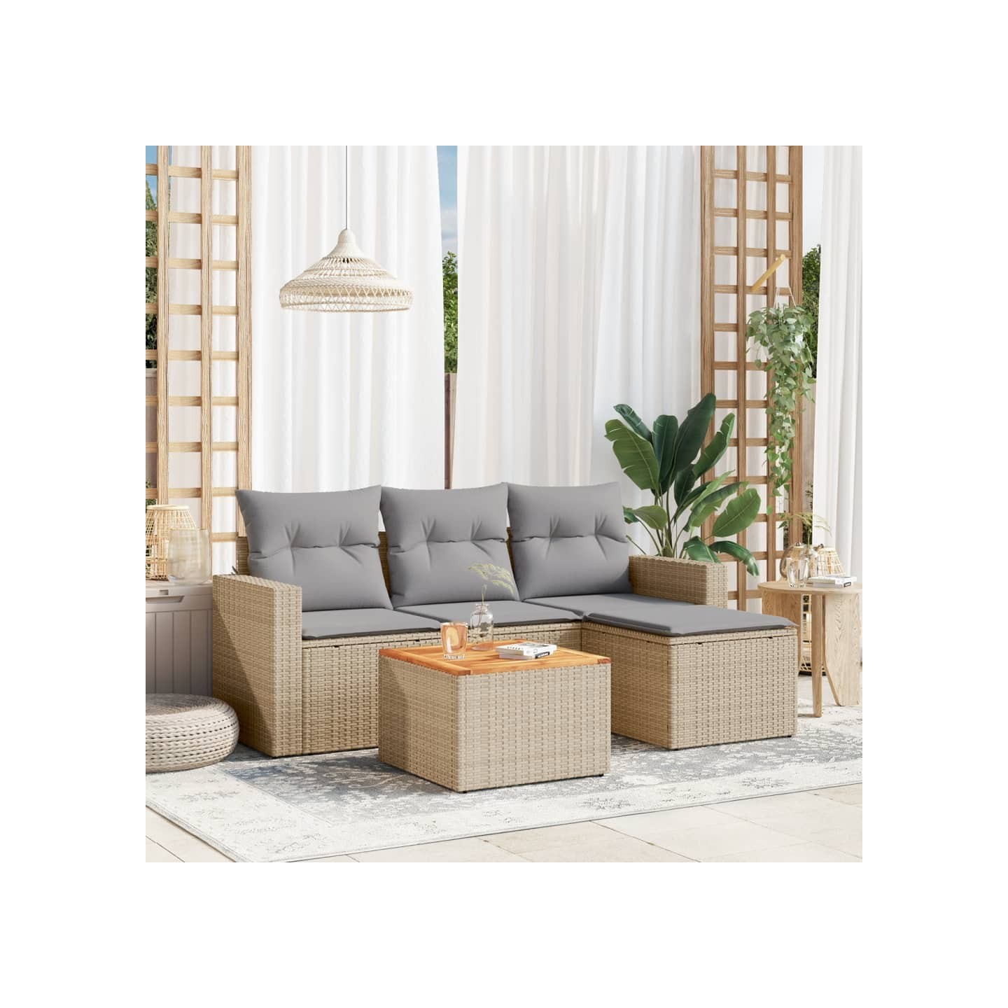 Salon de jardin avec coussins 5 pcs beige résine tressée