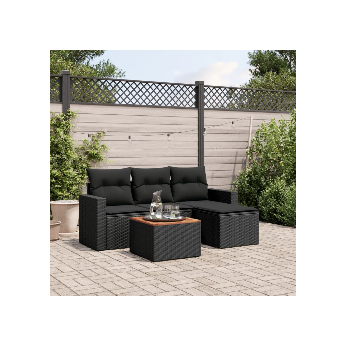Salon de jardin 5 pcs avec coussins noir résine tressée