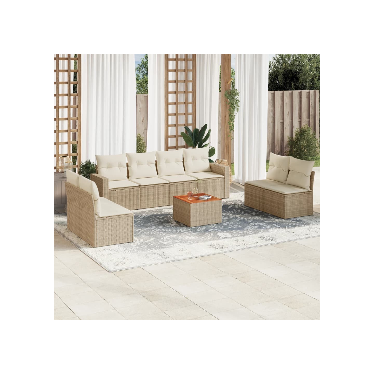 Salon de jardin avec coussins 9 pcs beige résine tressée