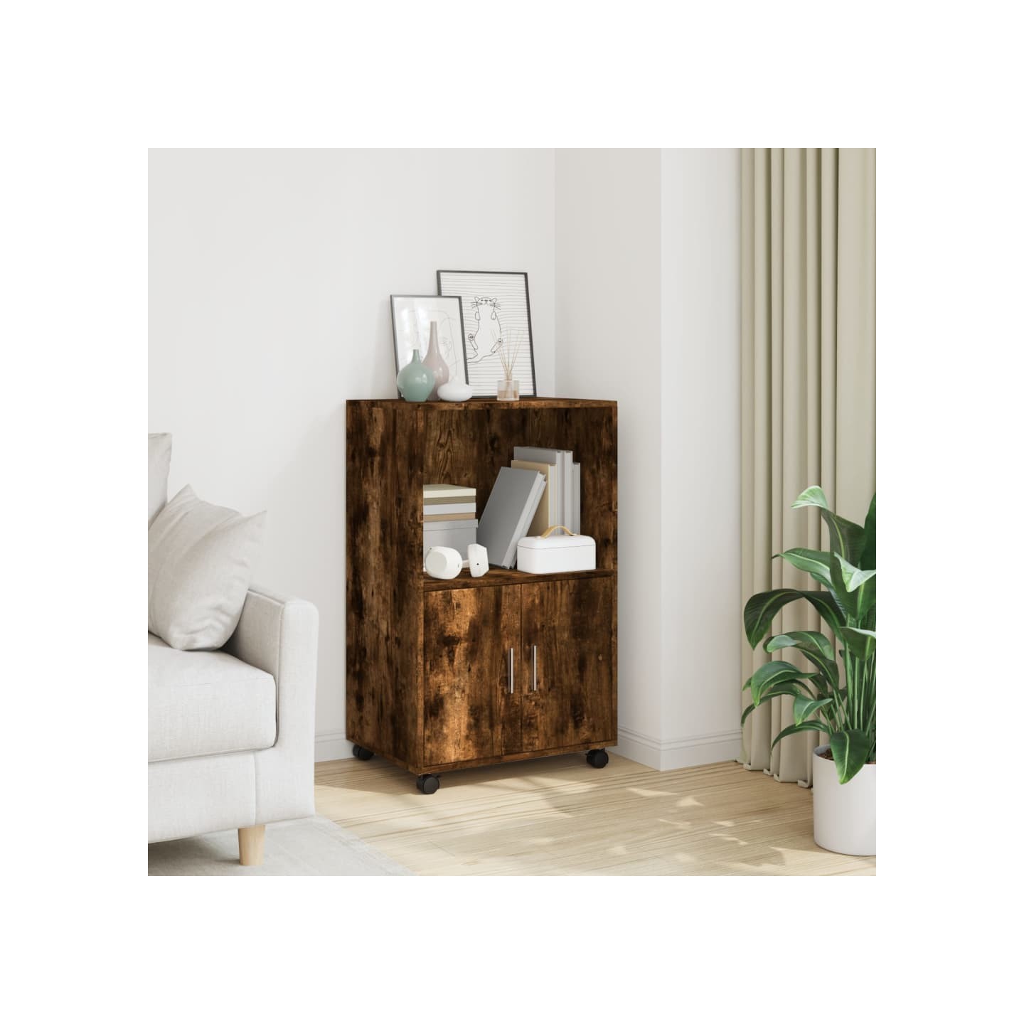 Armoire à roulettes chêne fumé 55x40x91 cm bois d'ingénierie