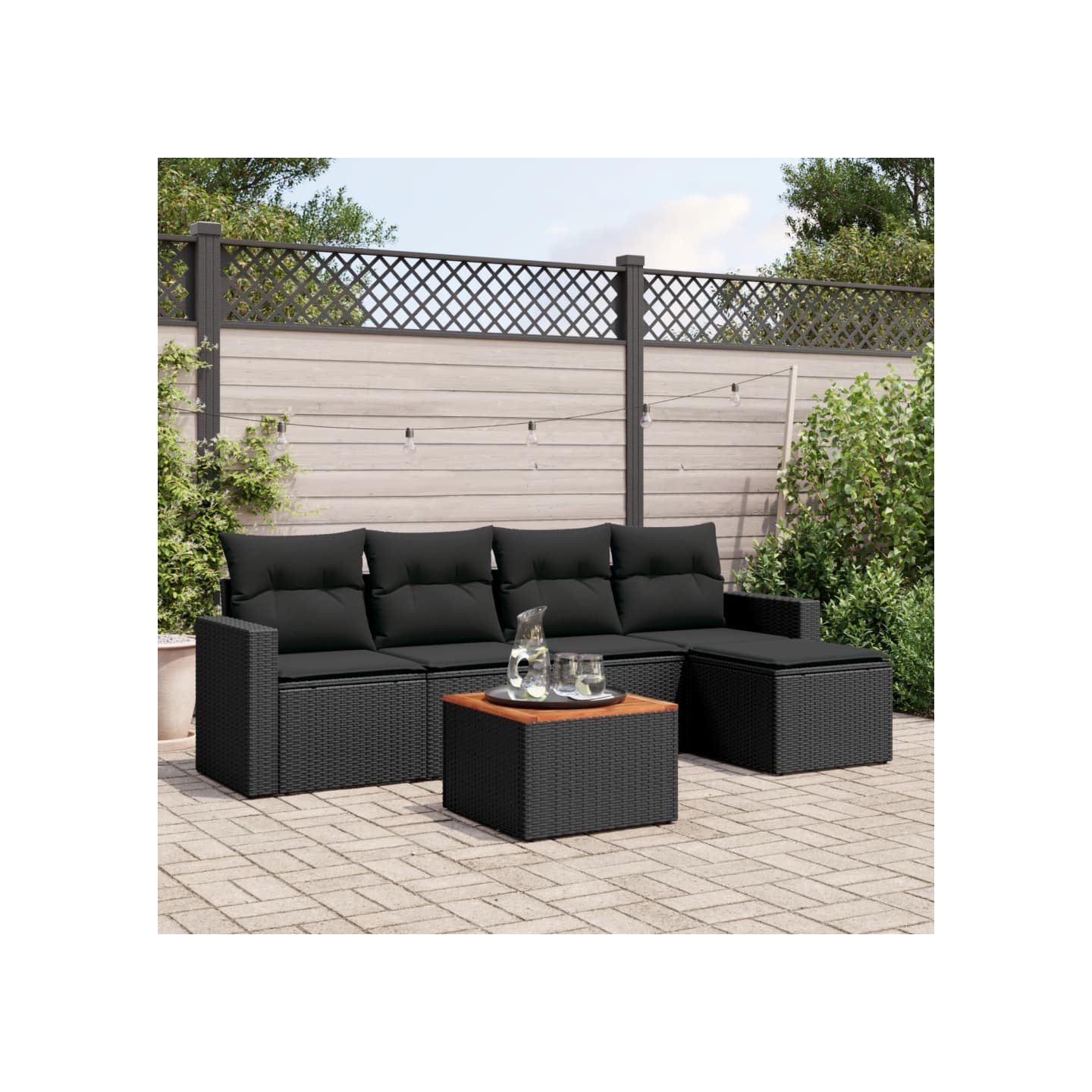 Salon de jardin 6 pcs avec coussins noir résine tressée