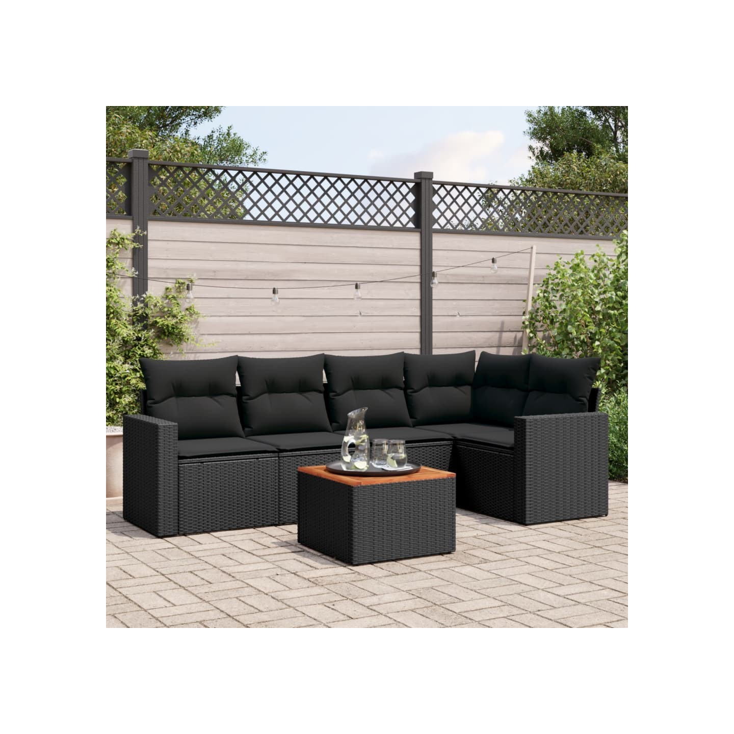 Salon de jardin 6 pcs avec coussins noir résine tressée