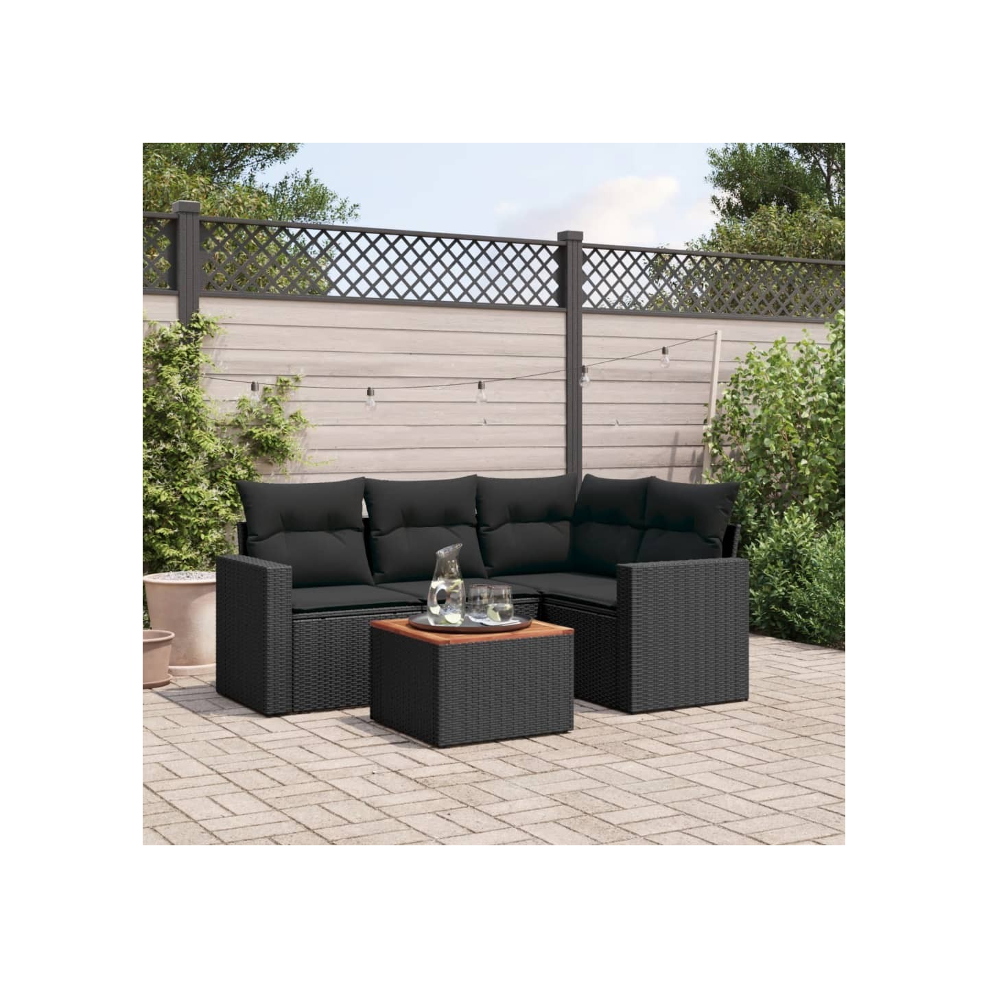 Salon de jardin 5 pcs avec coussins noir résine tressée