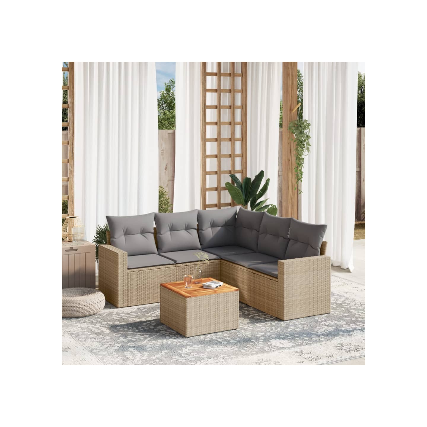Salon de jardin avec coussins 6 pcs beige résine tressée