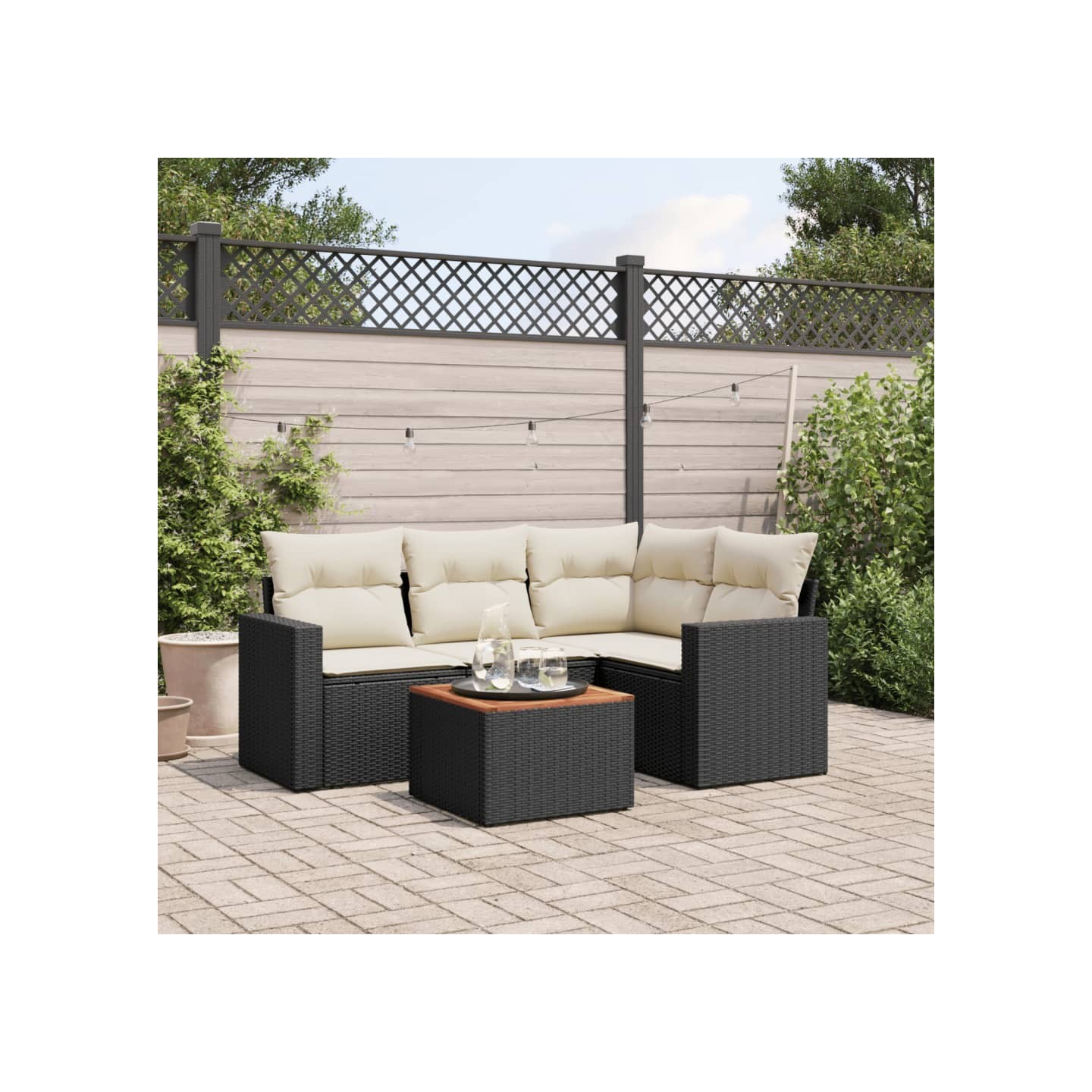 Salon de jardin 5 pcs avec coussins noir résine tressée