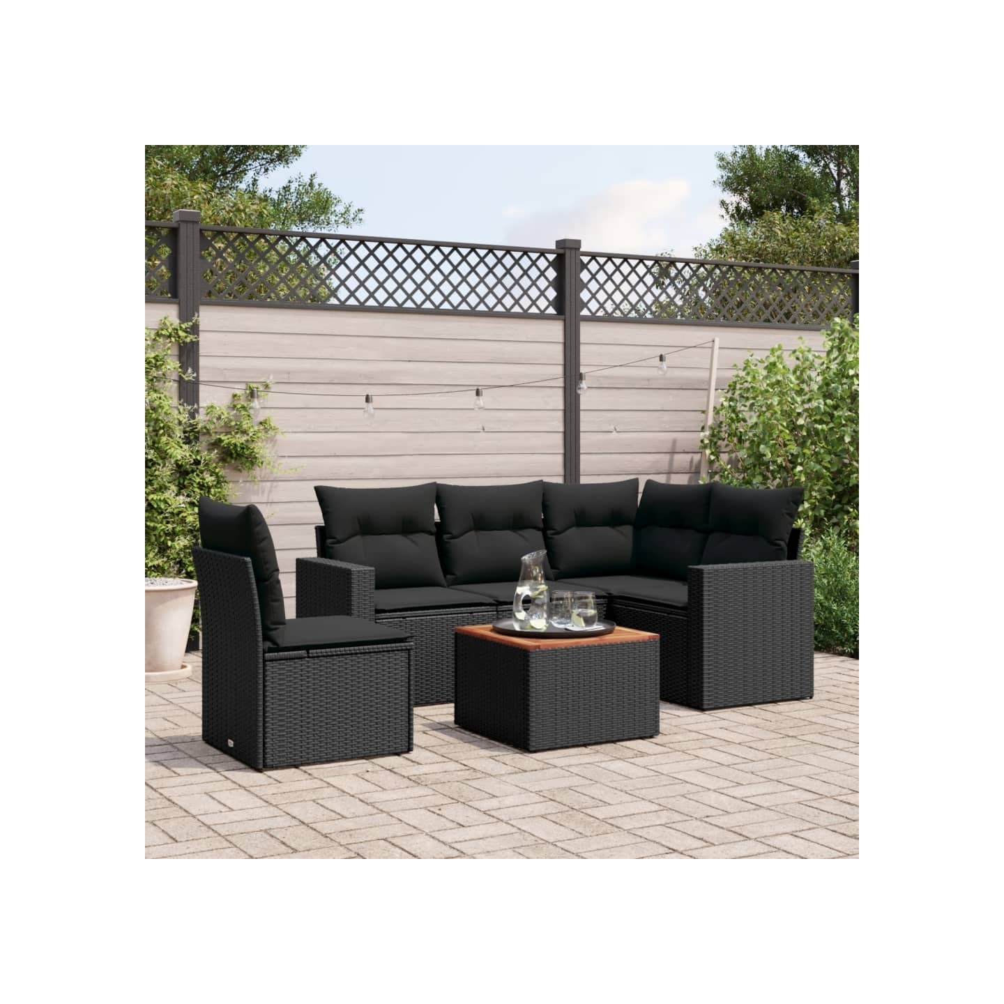 Salon de jardin 6 pcs avec coussins noir résine tressée