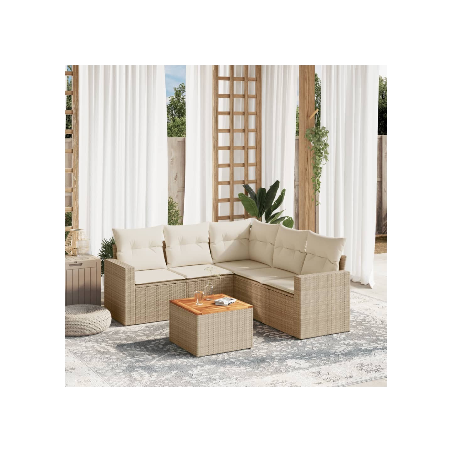 Salon de jardin avec coussins 6 pcs beige résine tressée