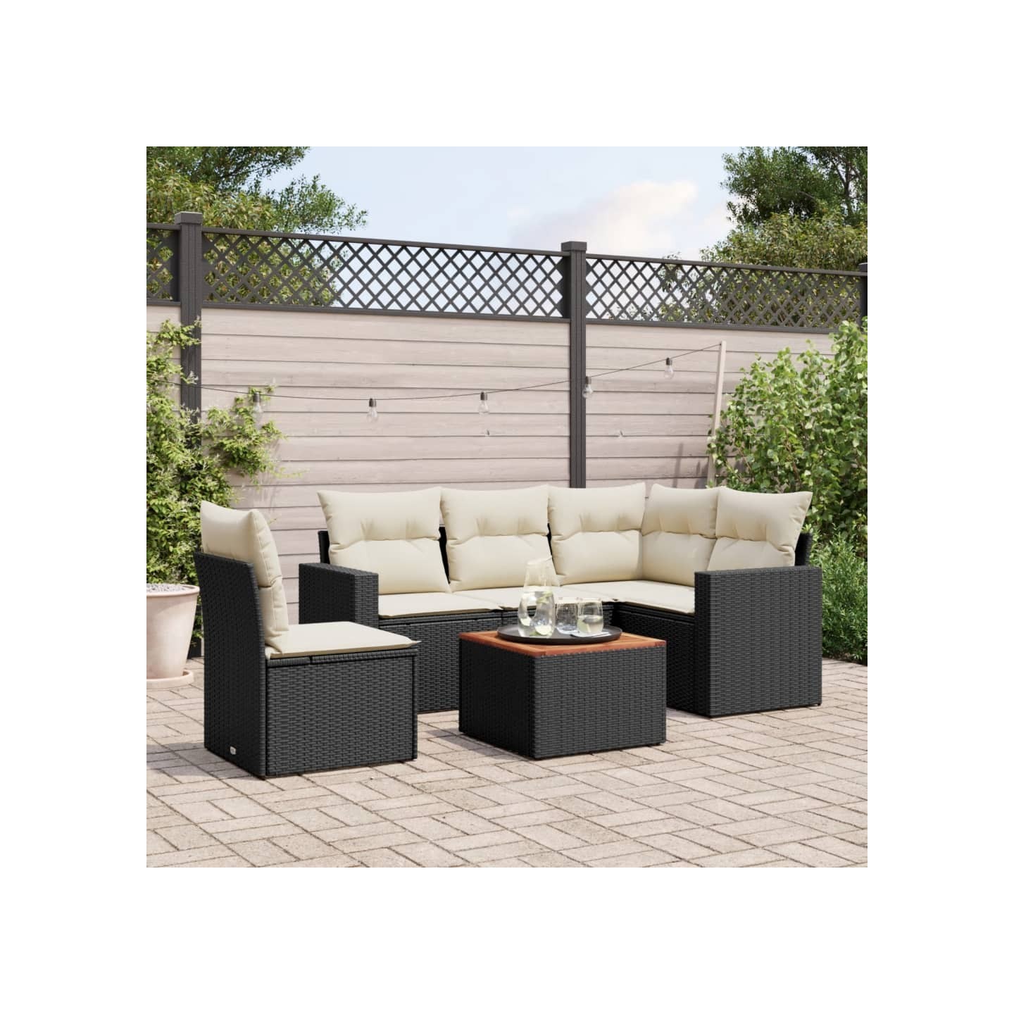 Salon de jardin 6 pcs avec coussins noir résine tressée