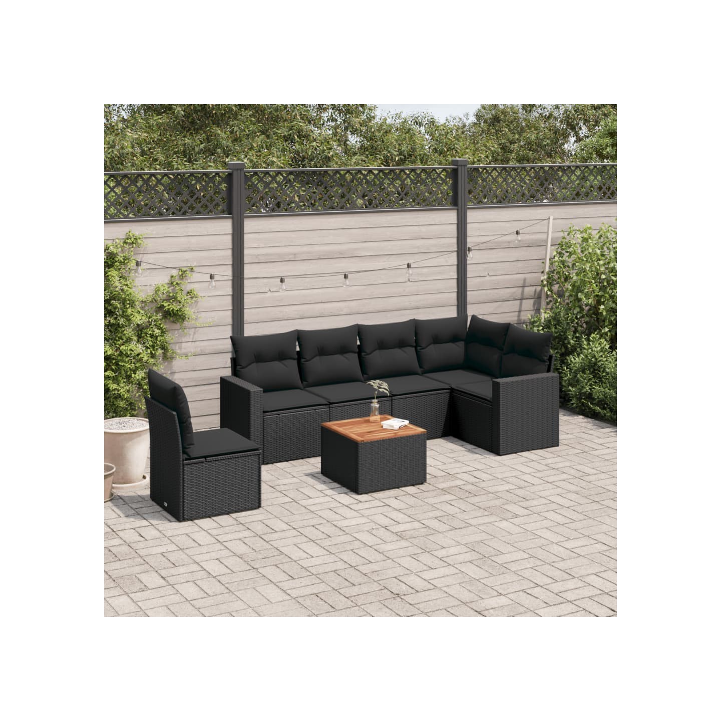 Salon de jardin 7 pcs avec coussins noir résine tressée