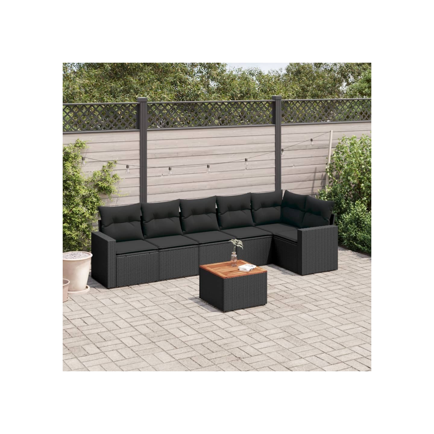 Salon de jardin 7 pcs avec coussins noir résine tressée