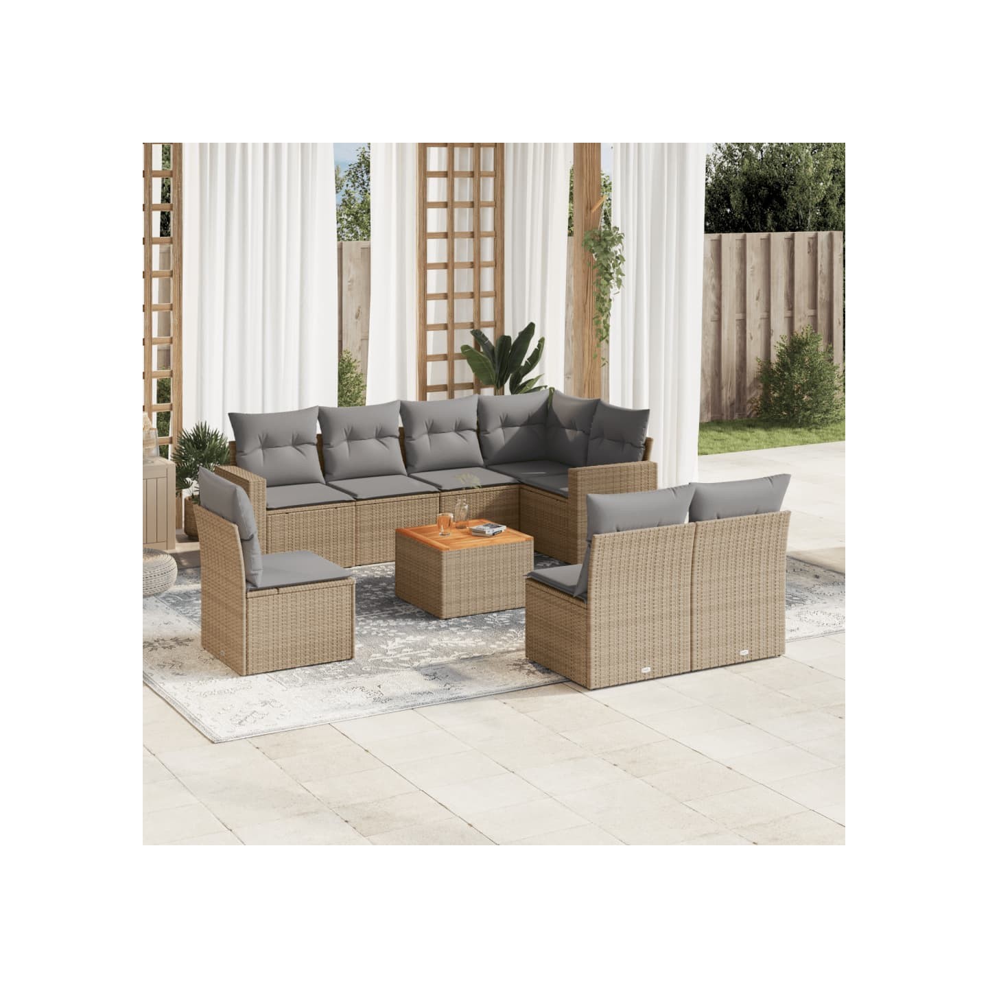 Salon de jardin avec coussins 9 pcs beige résine tressée