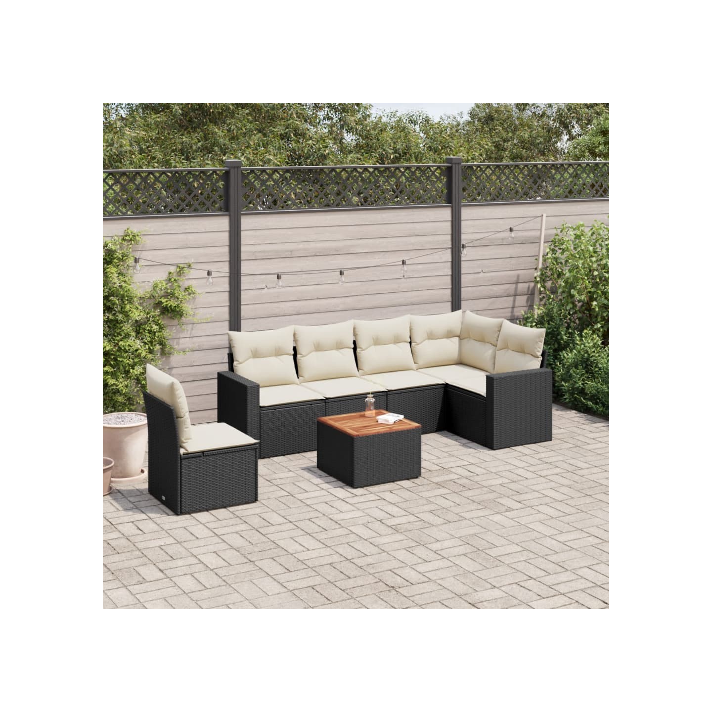Salon de jardin 7 pcs avec coussins noir résine tressée
