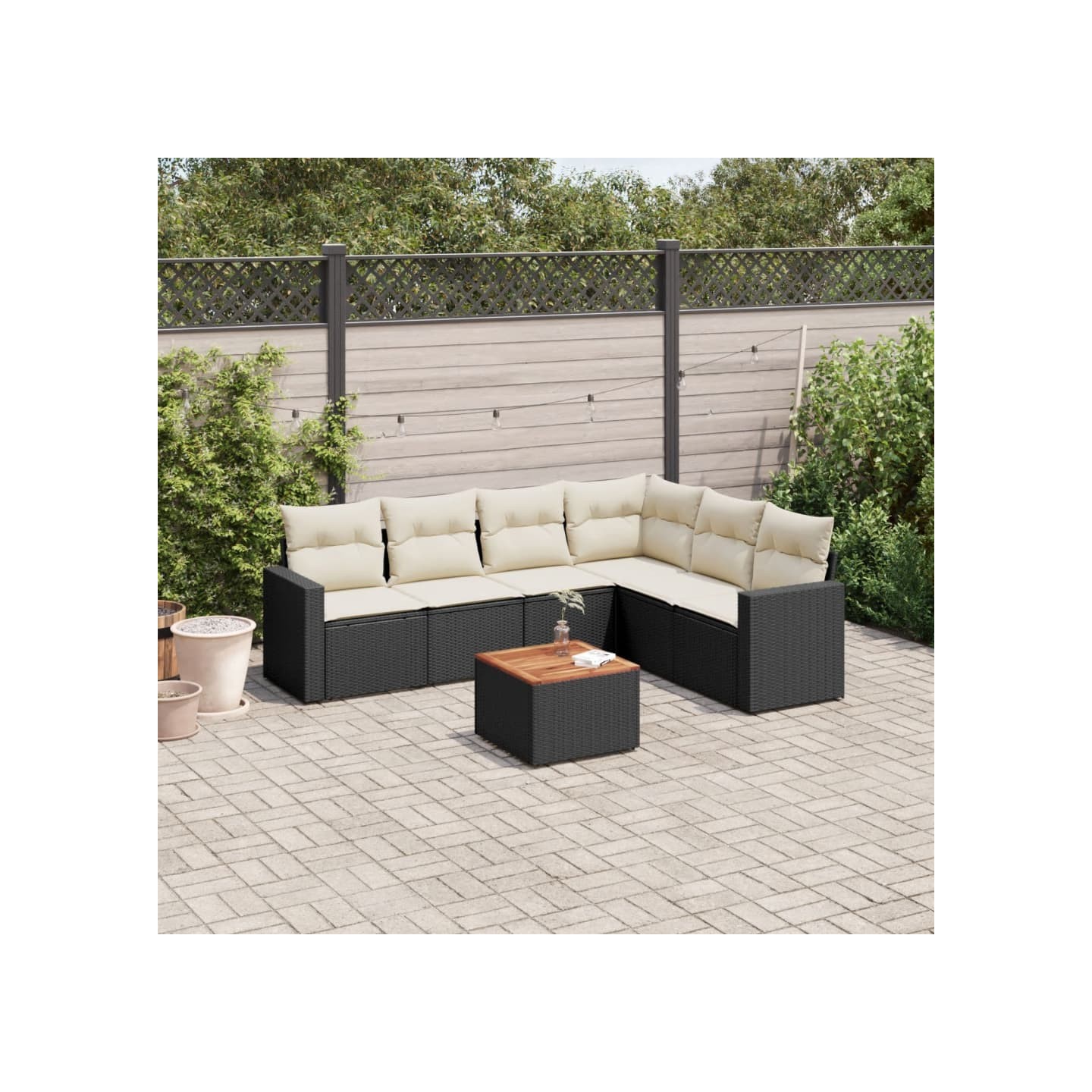 Salon de jardin 7 pcs avec coussins noir résine tressée