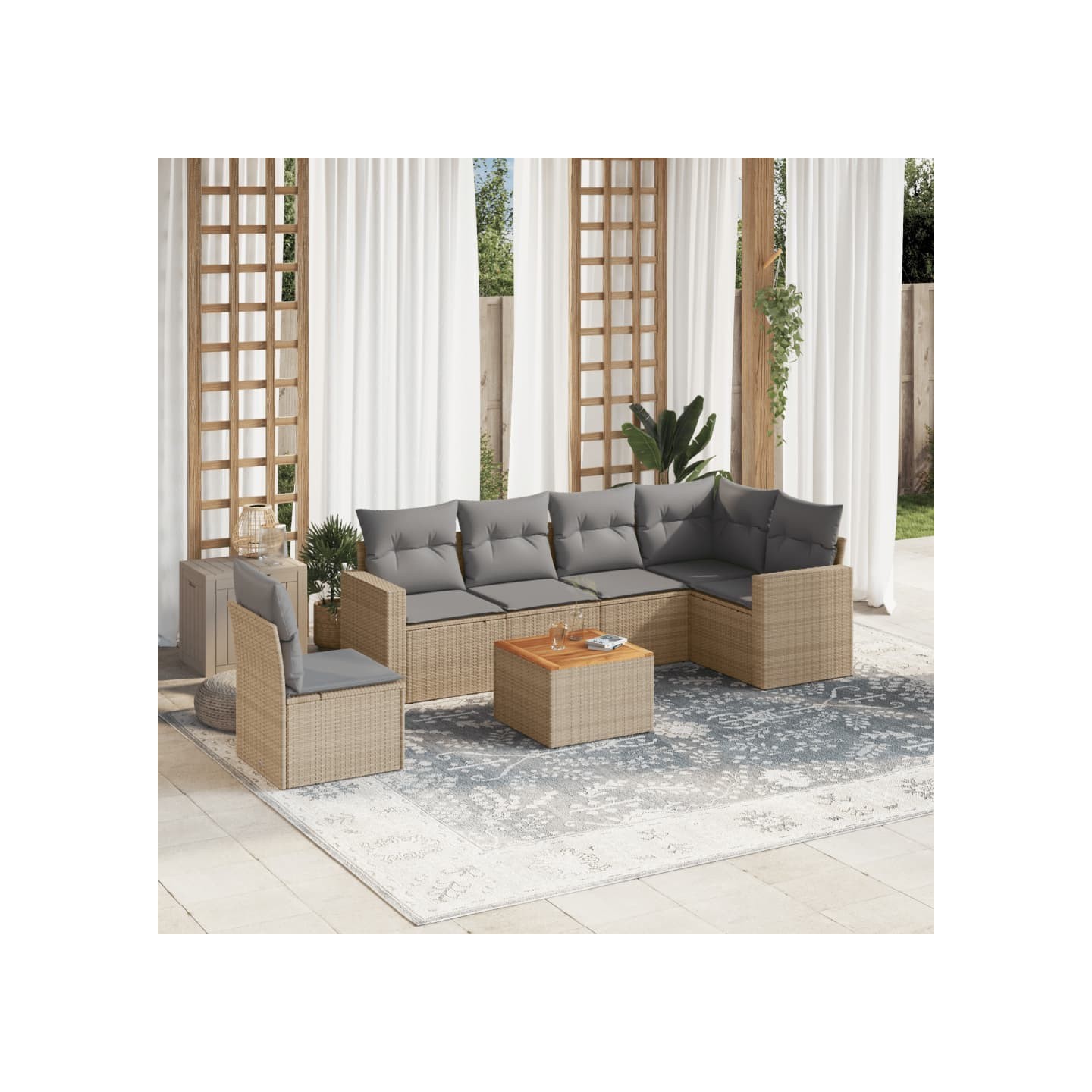 Salon de jardin avec coussins 7 pcs beige résine tressée