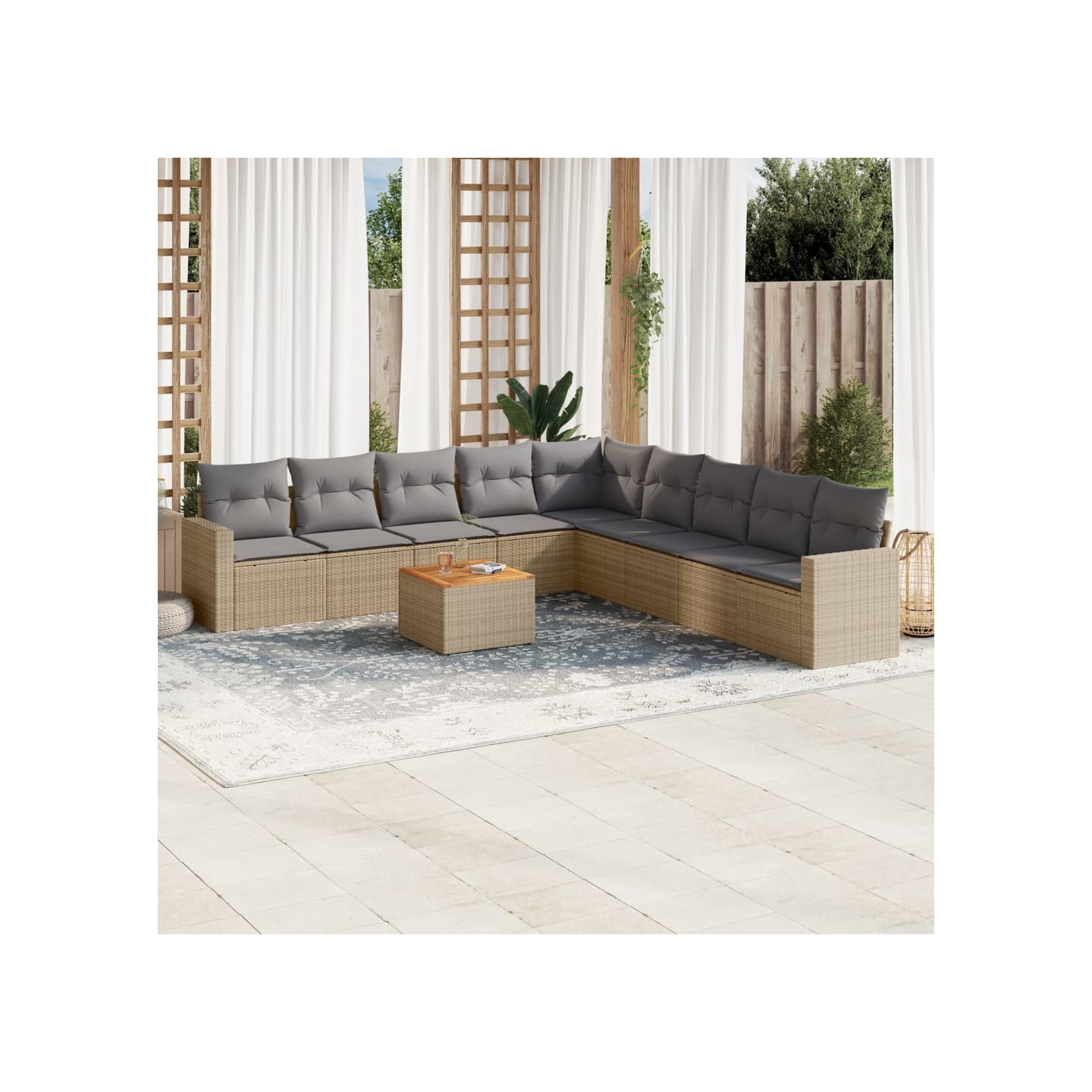 Salon de jardin avec coussins 10 pcs beige résine tressée