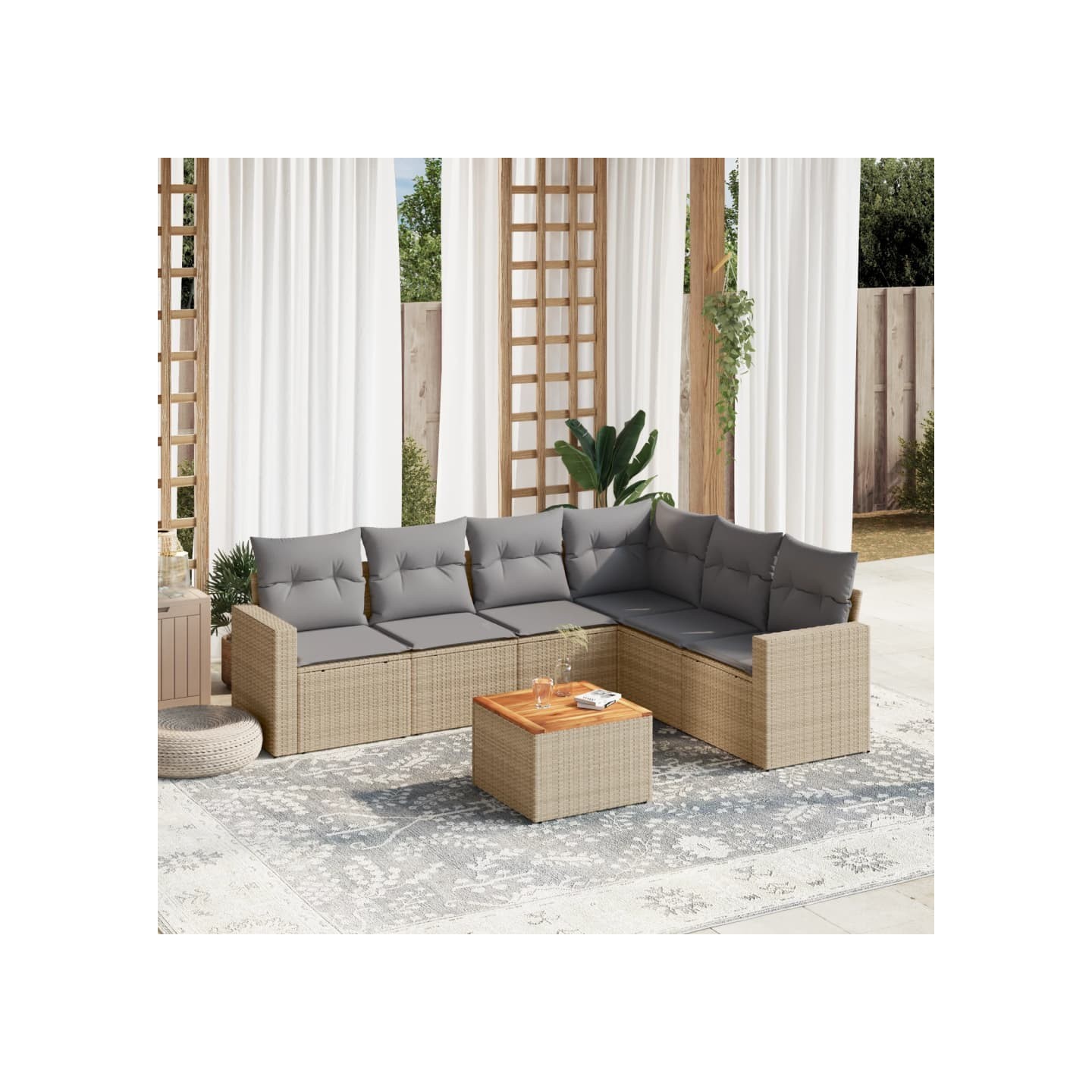 Salon de jardin avec coussins 7 pcs beige résine tressée
