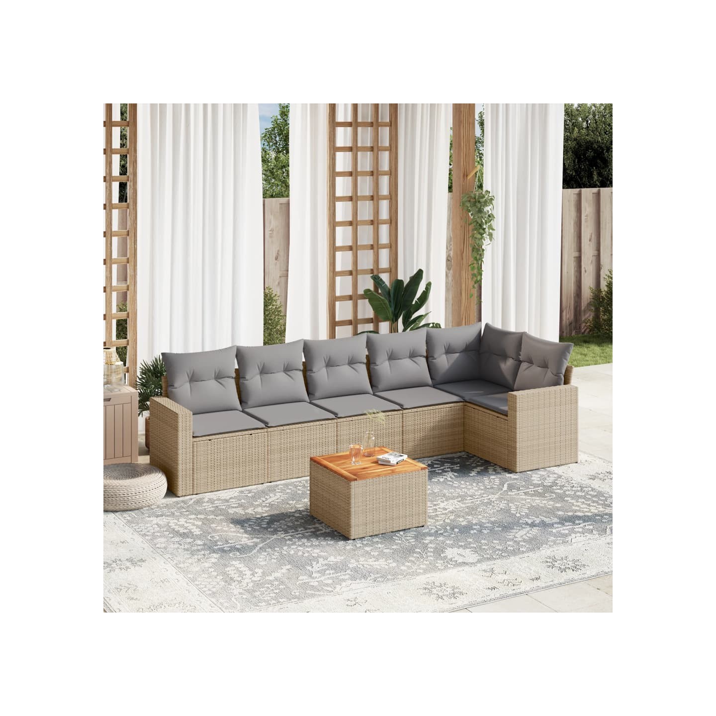 Salon de jardin avec coussins 7 pcs beige résine tressée