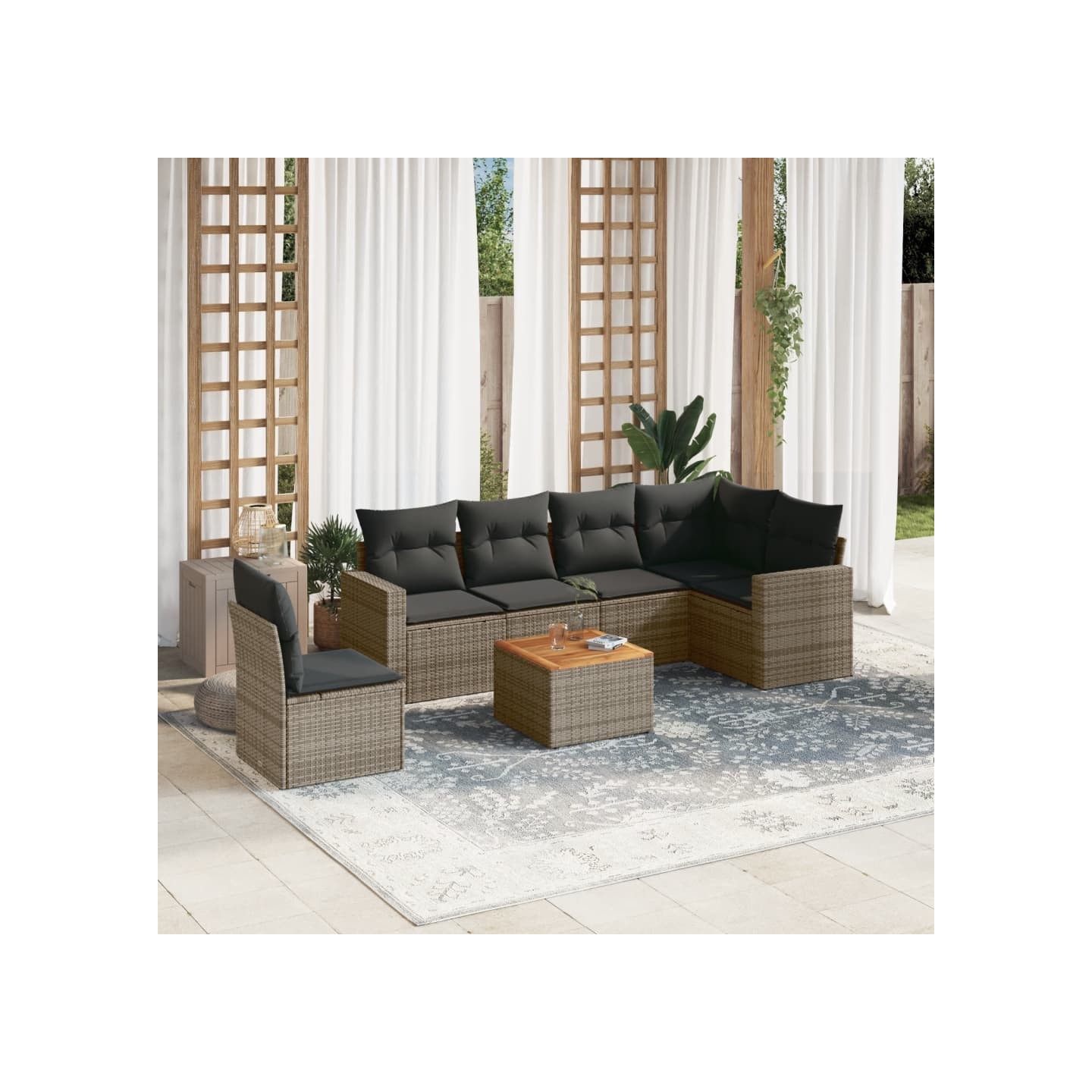 Salon de jardin avec coussins 7 pcs gris résine tressée