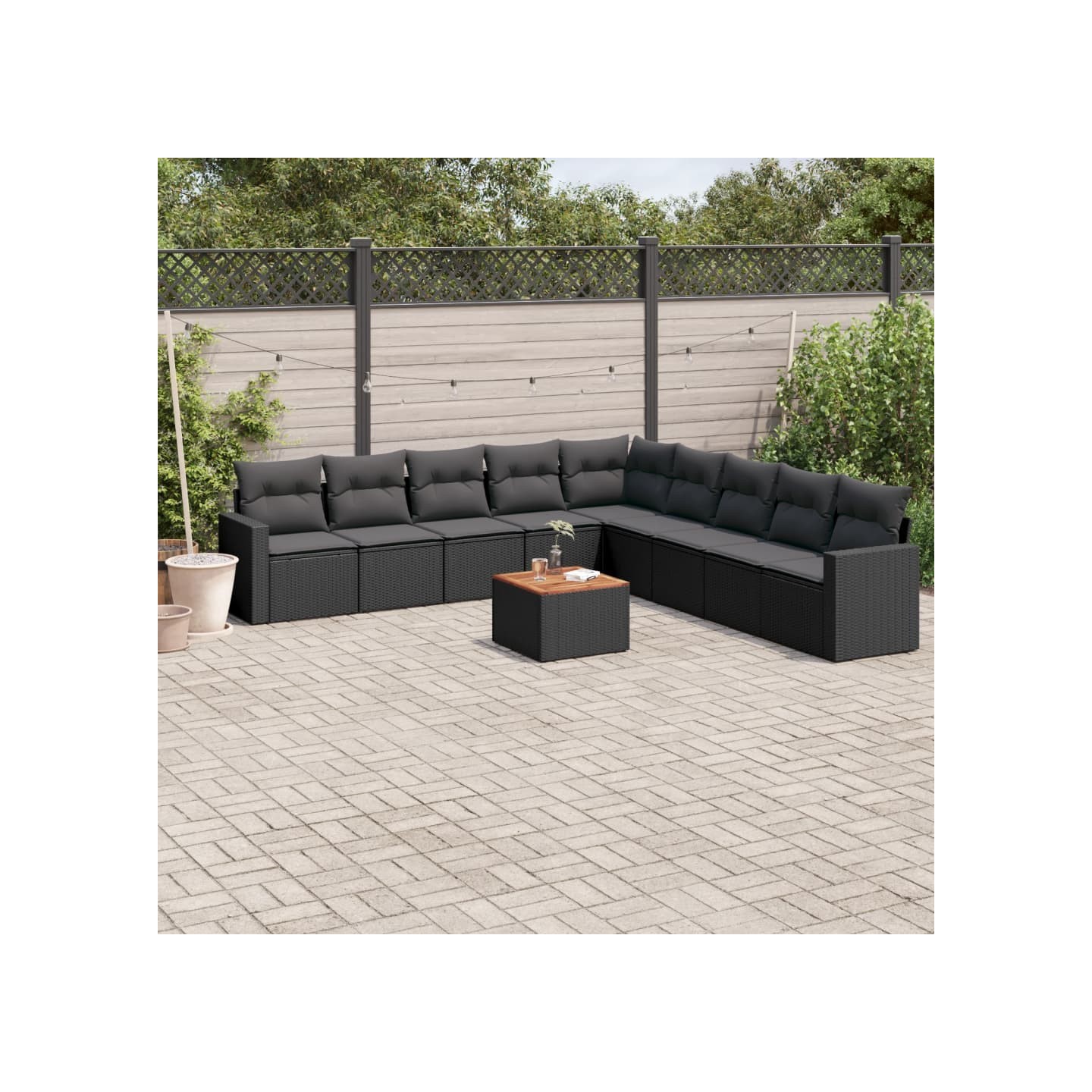 Salon de jardin 10 pcs avec coussins noir résine tressée