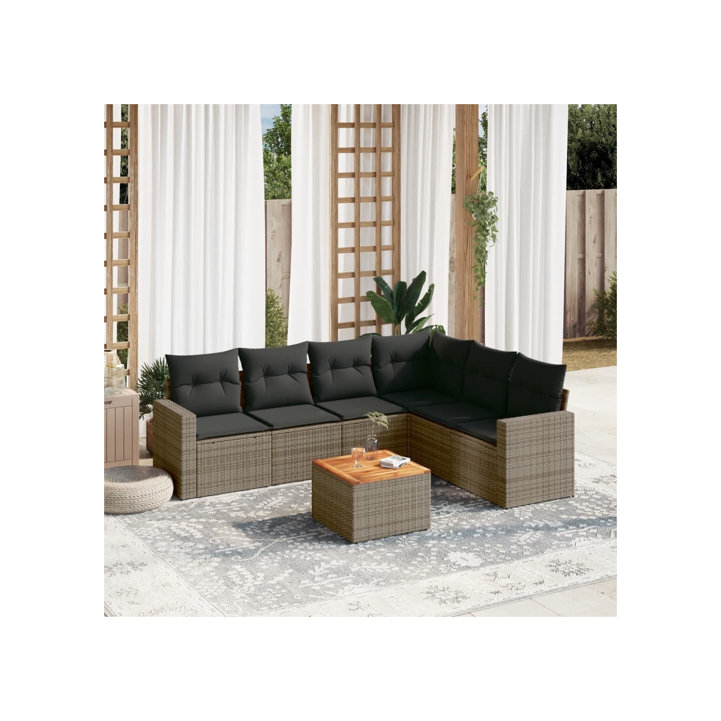 Salon de jardin avec coussins 7 pcs gris résine tressée