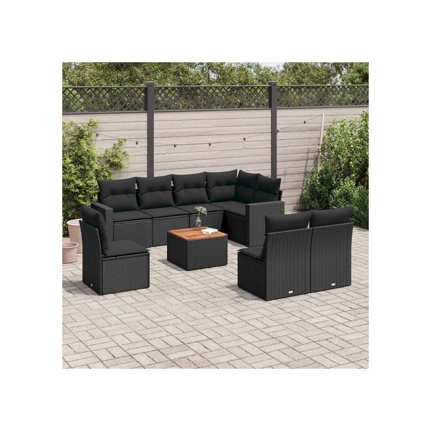 Salon de jardin 9 pcs avec coussins noir résine tressée
