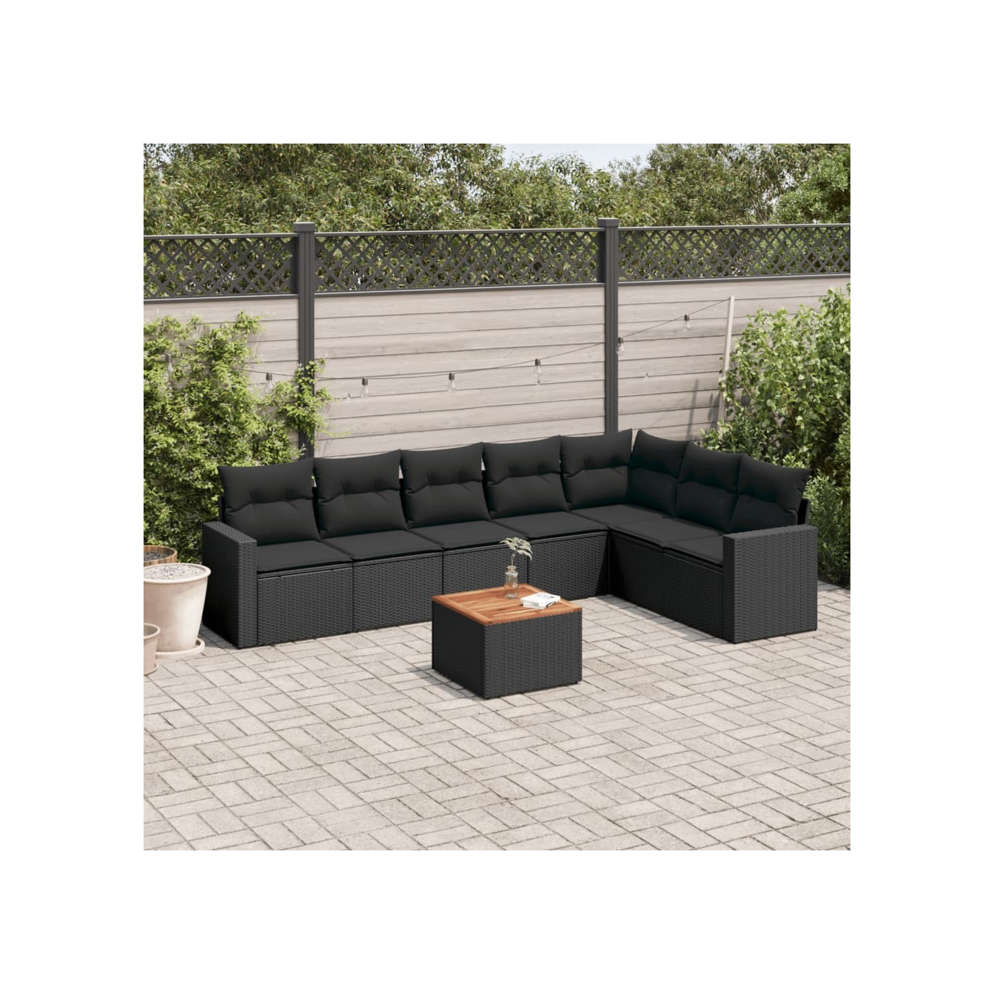 Salon de jardin 8 pcs avec coussins noir résine tressée